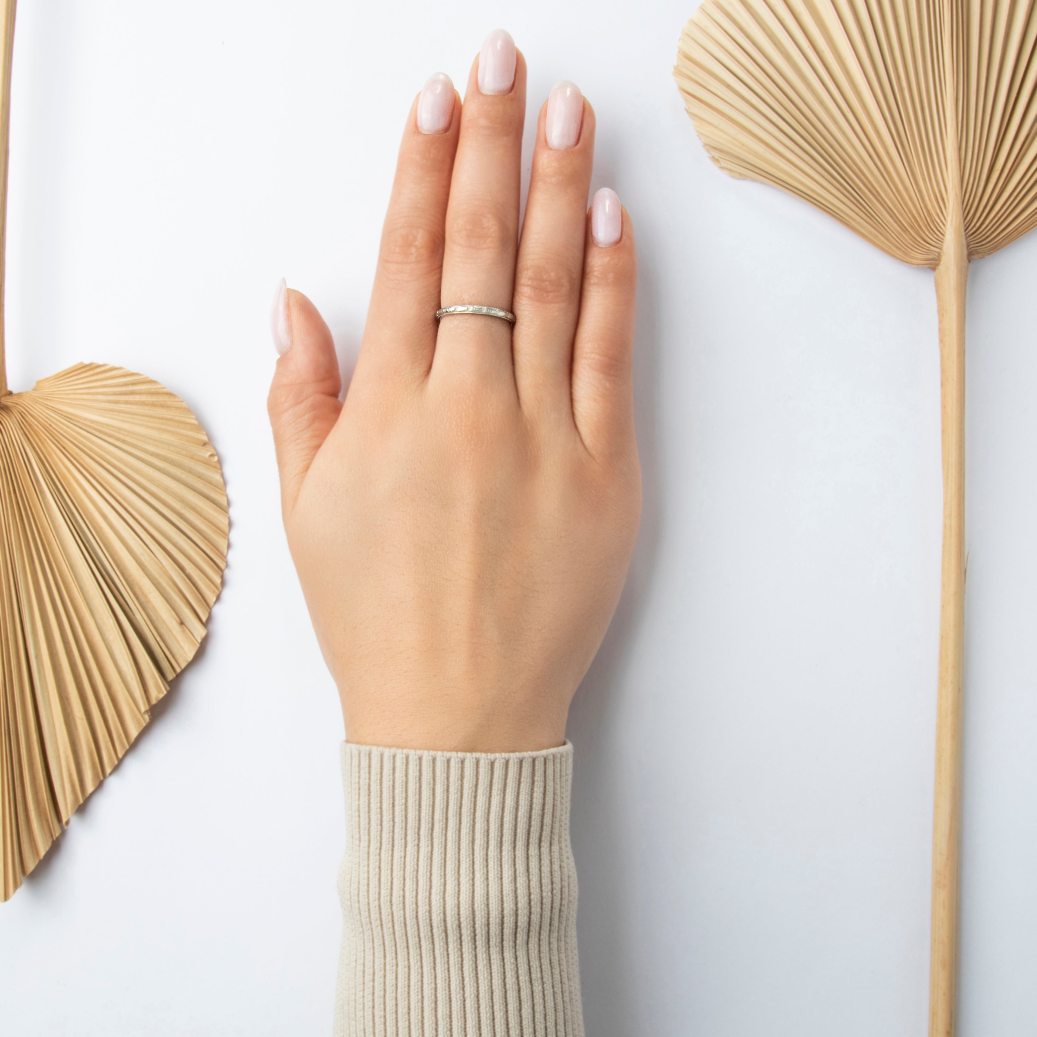 Antique Art Deco Traub 18k White Gold Classic Orange Blossom Band Ring - On model view