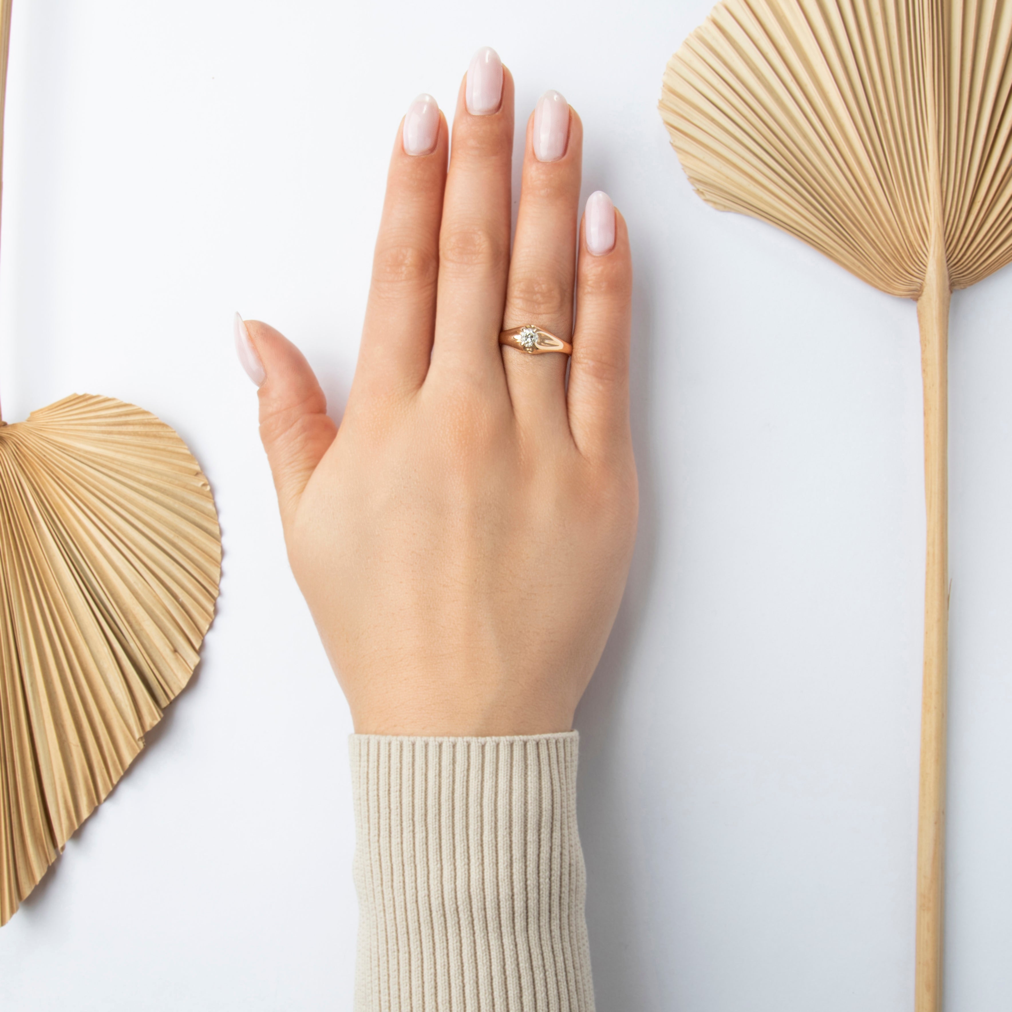 Antique 14k Rosy Yellow Gold .63ct Old Mine Diamond Fluted Belcher-Set Ring - On model view