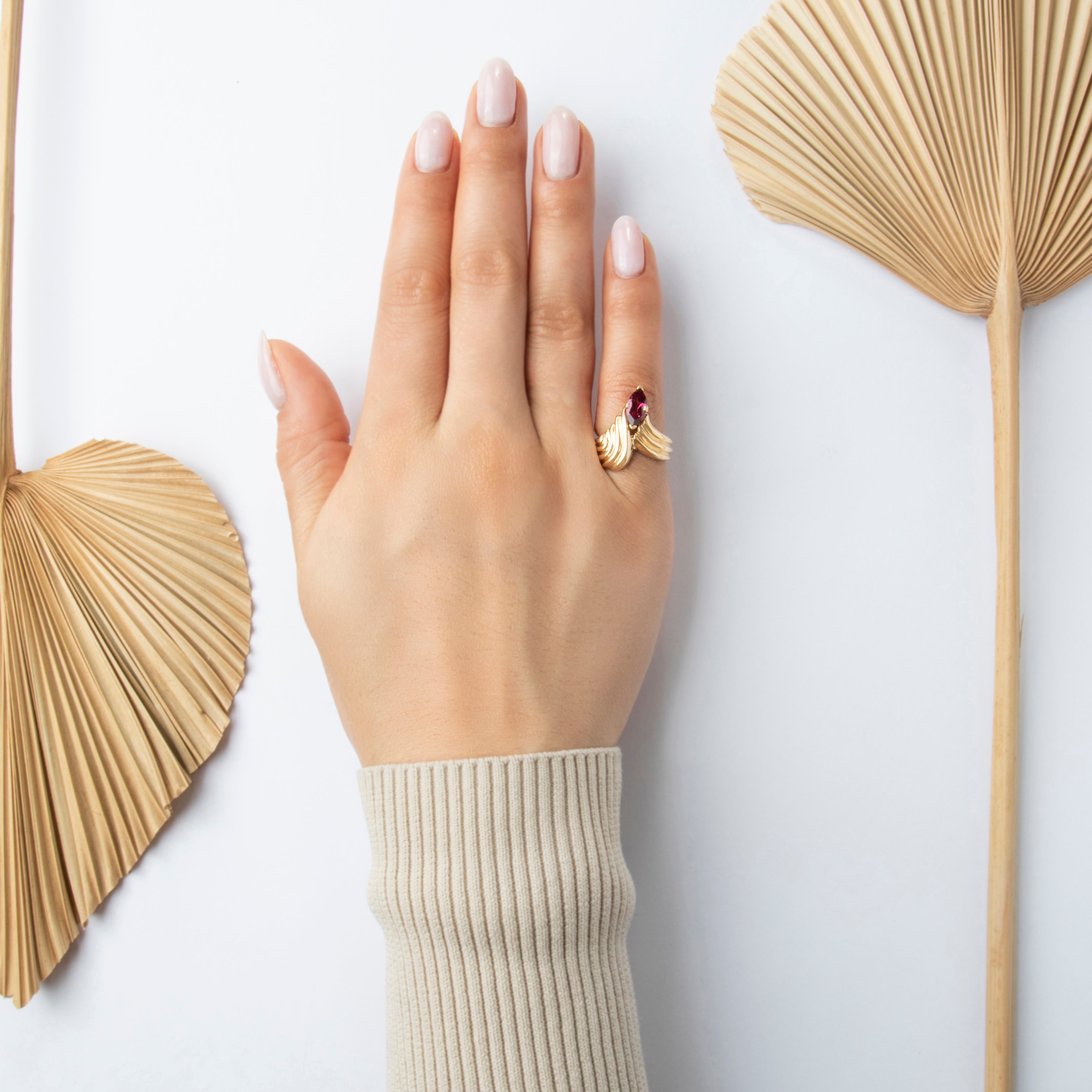 Vintage Heavy 14k Yellow Gold 1ct Pink Garnet Bold Ascending Marquise Ring - On model view