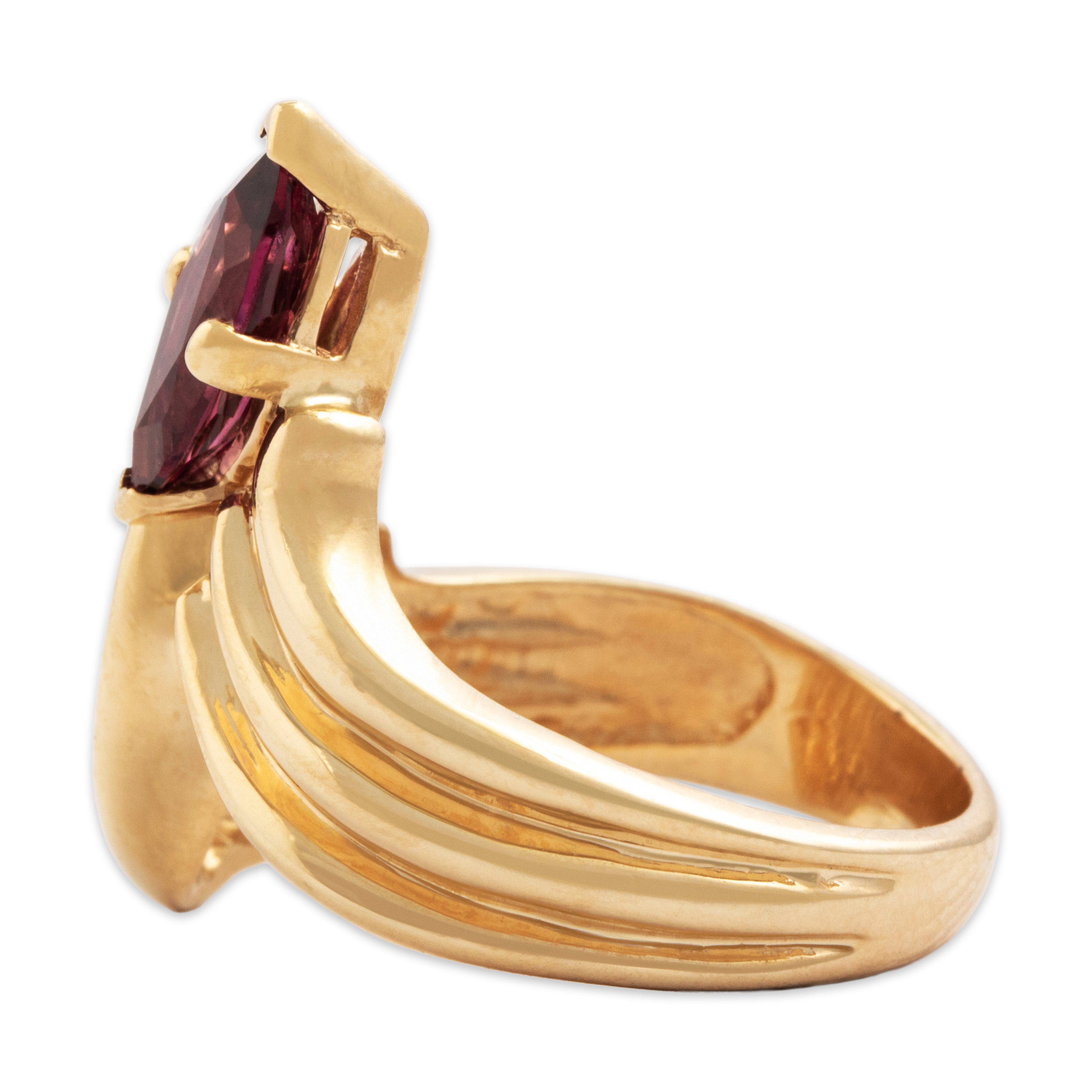 Vintage Heavy 14k Yellow Gold 1ct Pink Garnet Bold Ascending Marquise Ring - Side view