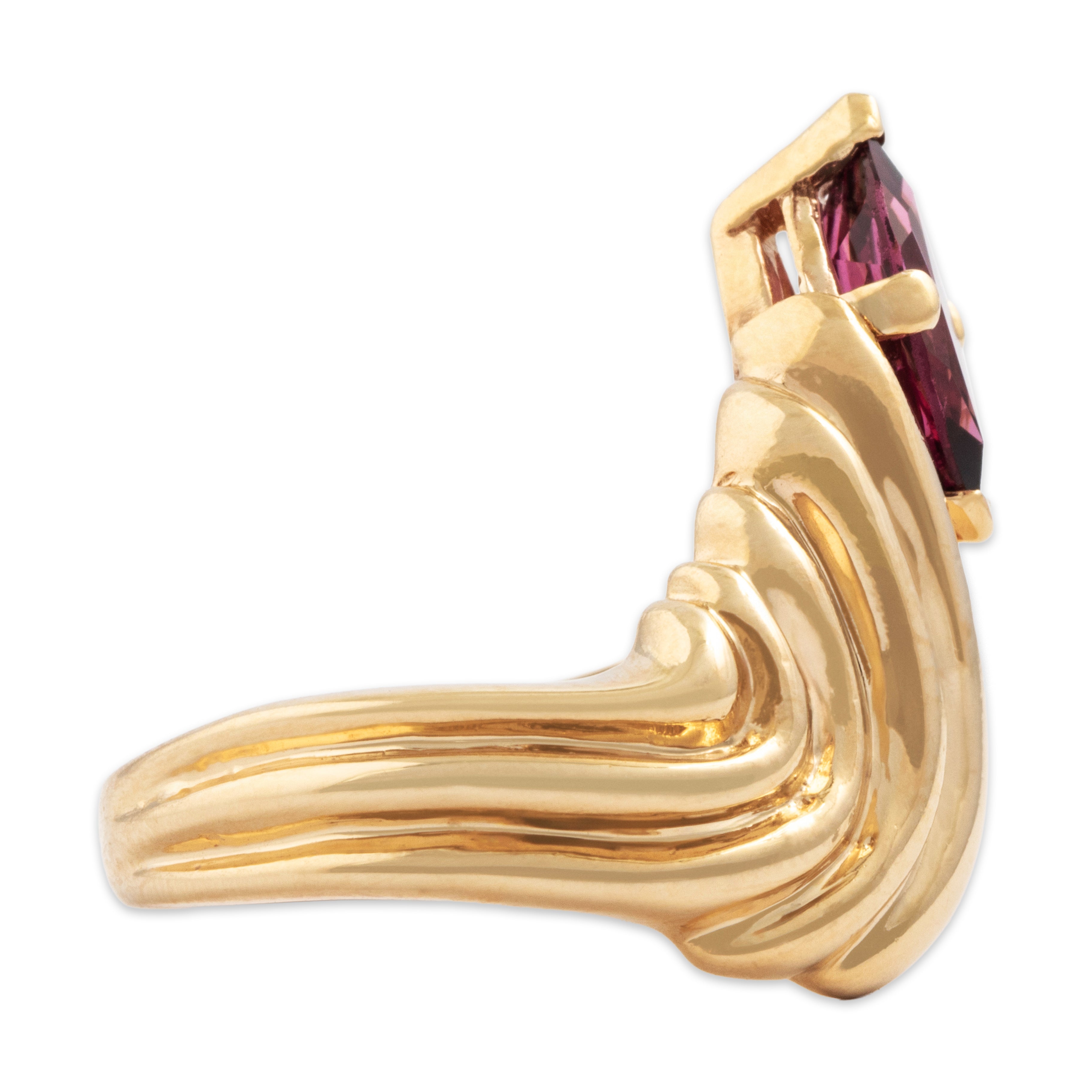 Vintage Heavy 14k Yellow Gold 1ct Pink Garnet Bold Ascending Marquise Ring - Side view