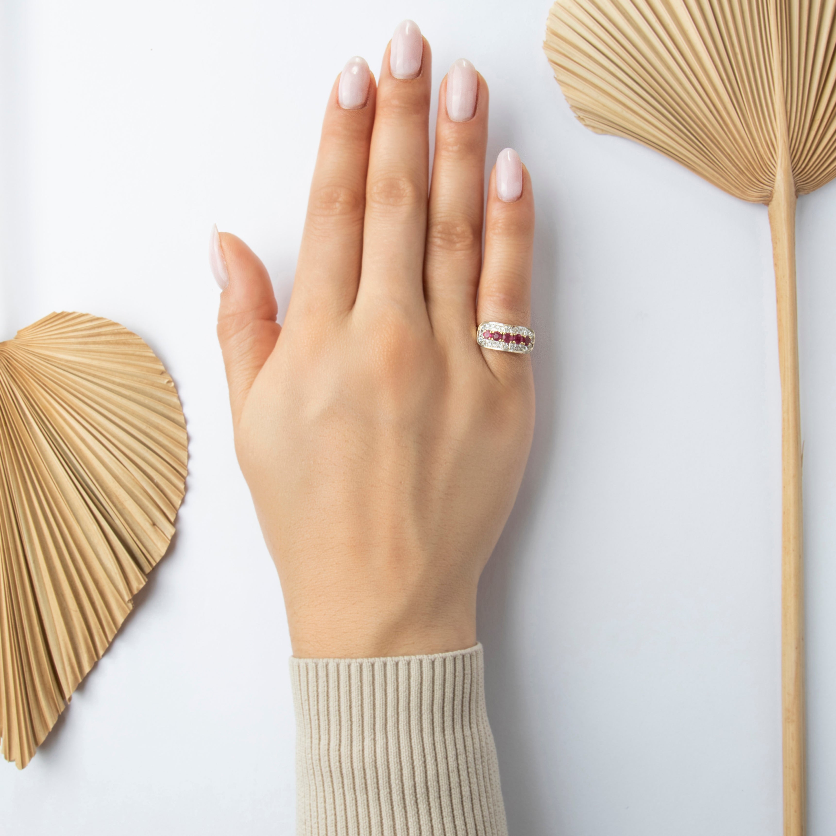 Vintage 14k Yellow & White Gold Ruby Diamond Bold Wavy Halo Ring - On model view