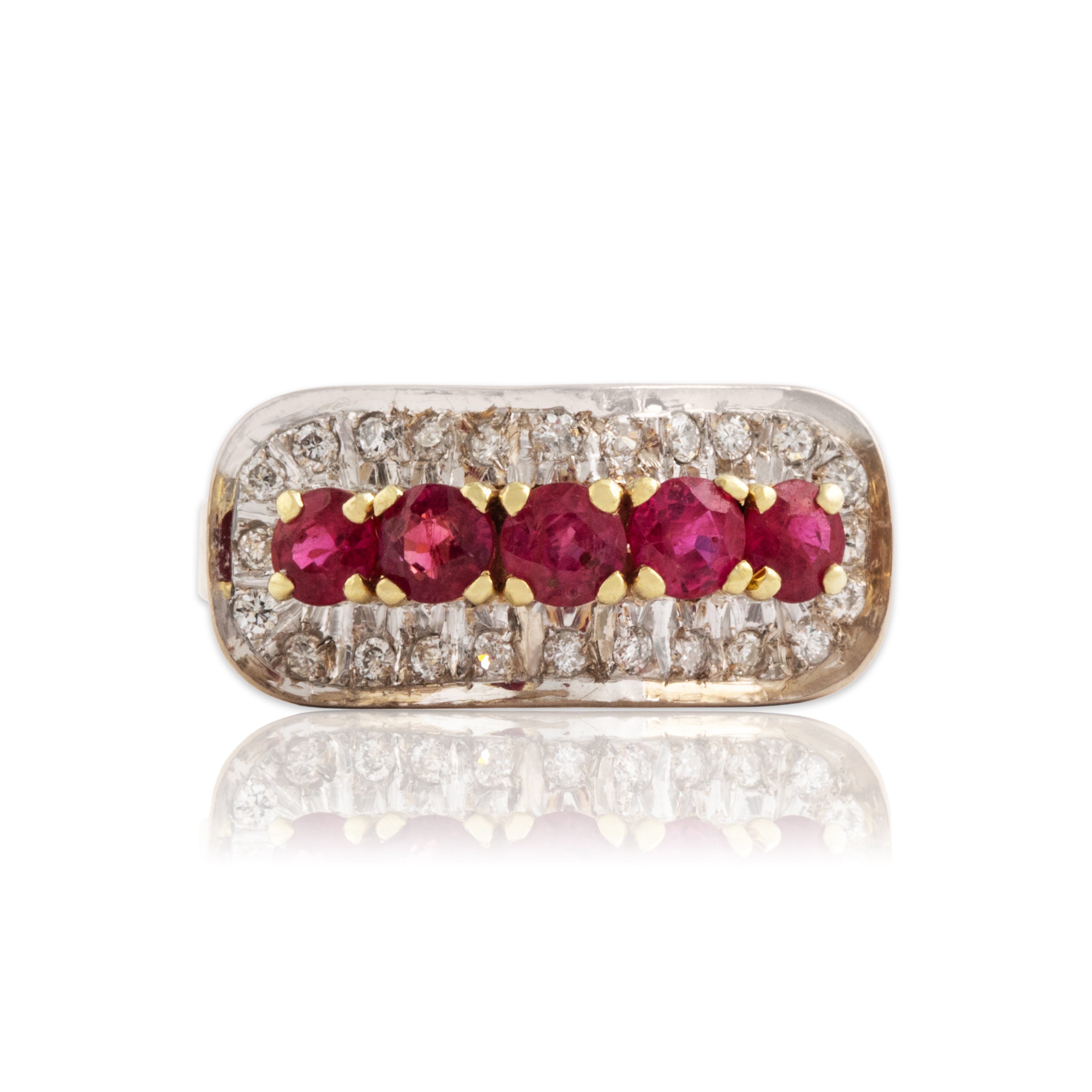 Vintage 14k Yellow & White Gold .75cttw Ruby Diamond Bold Wavy Halo Ring 5.75