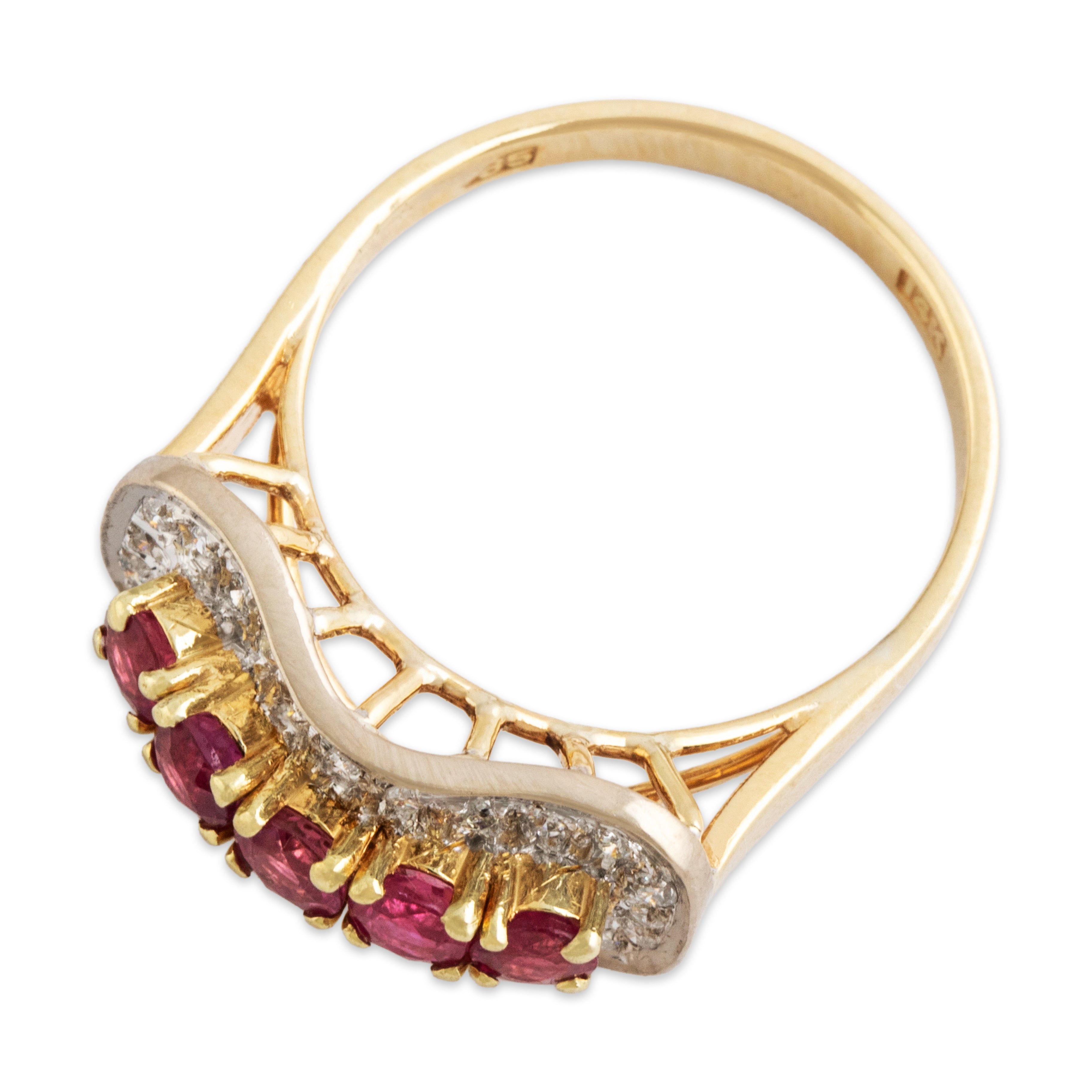 Vintage 14k Yellow & White Gold Ruby Diamond Bold Wavy Halo Ring - Overall view