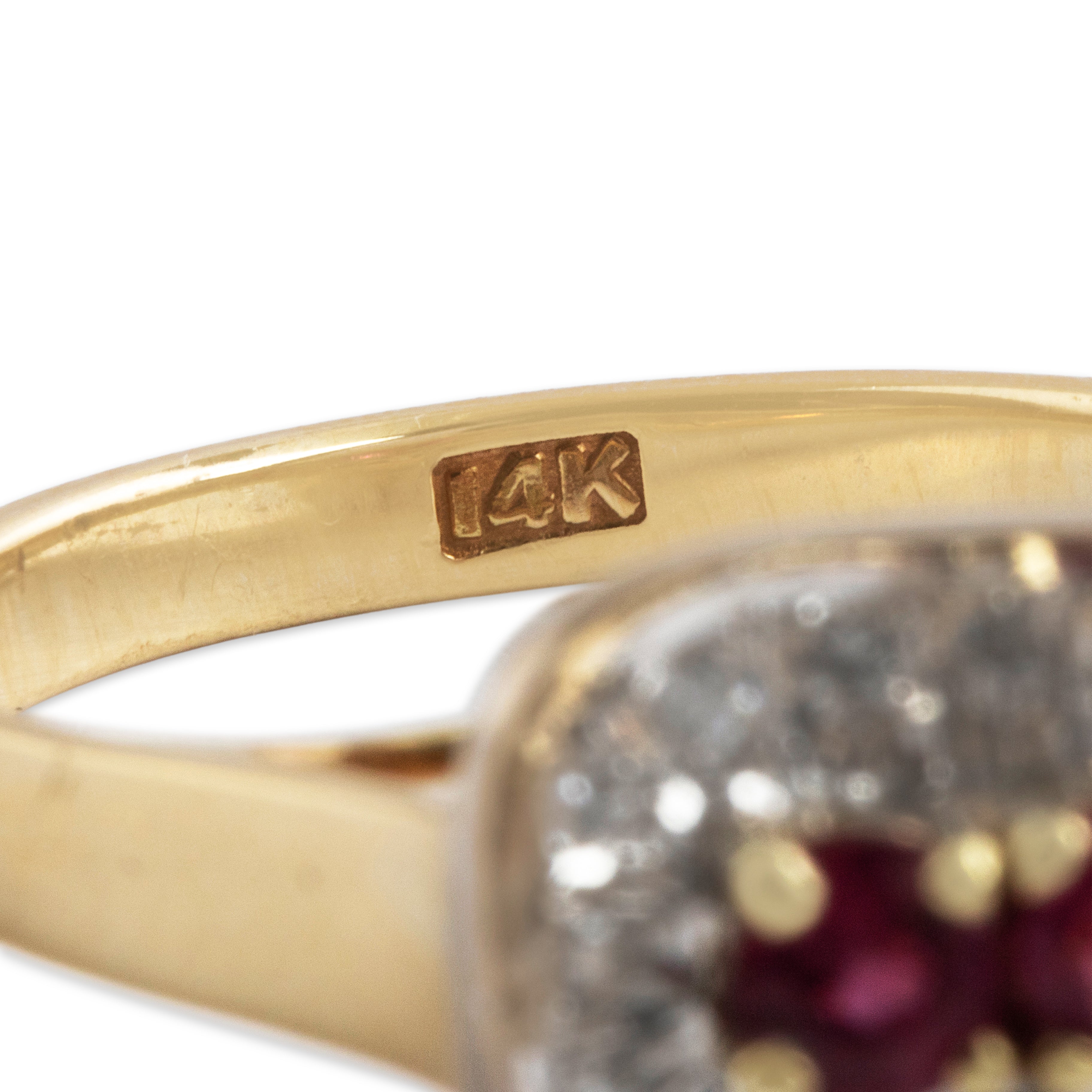 Vintage 14k Yellow & White Gold Ruby Diamond Bold Wavy Halo Ring - Hallmark view