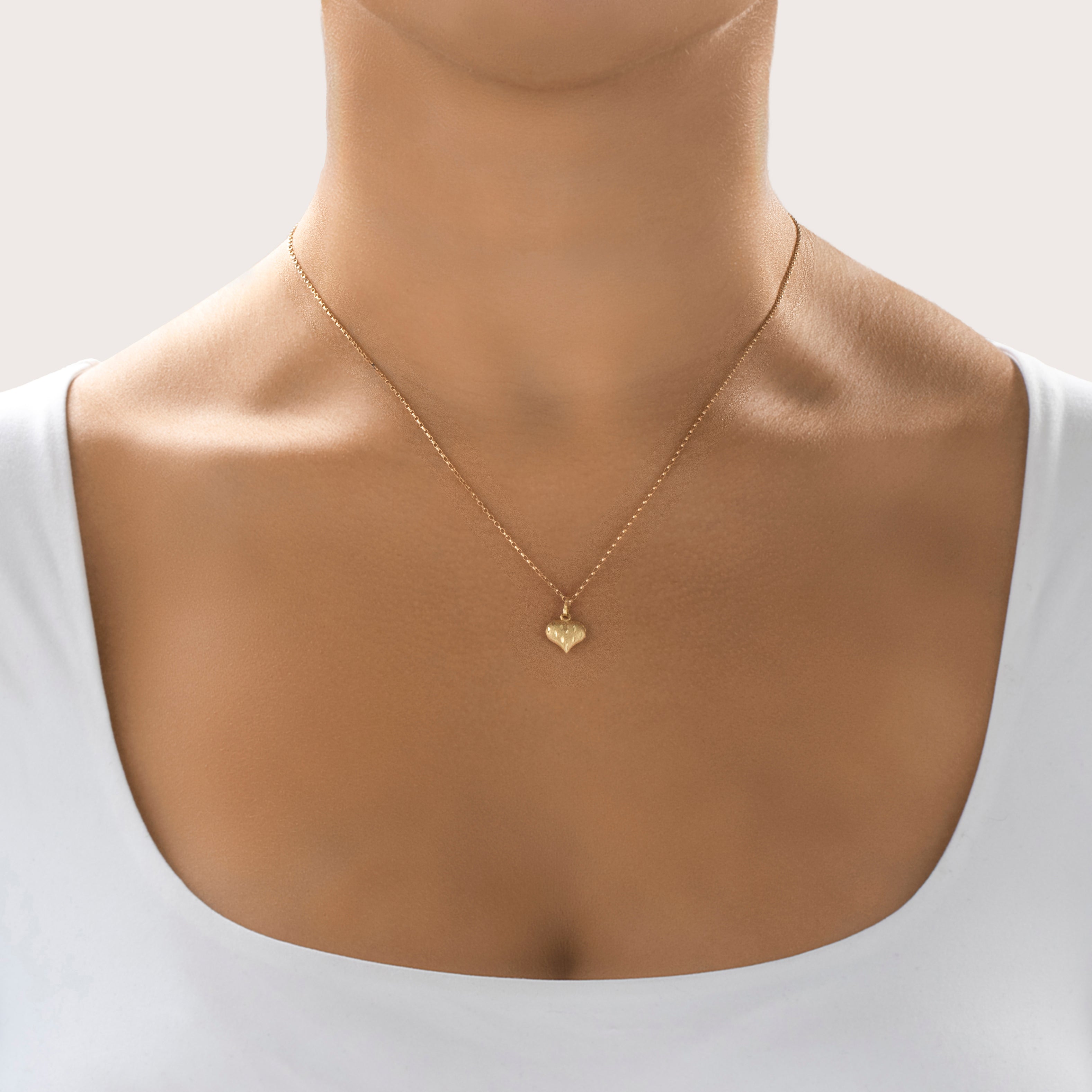 Vintage Small 14k Yellow Gold Brushed Textured Heart Charm / Pendant - On model view