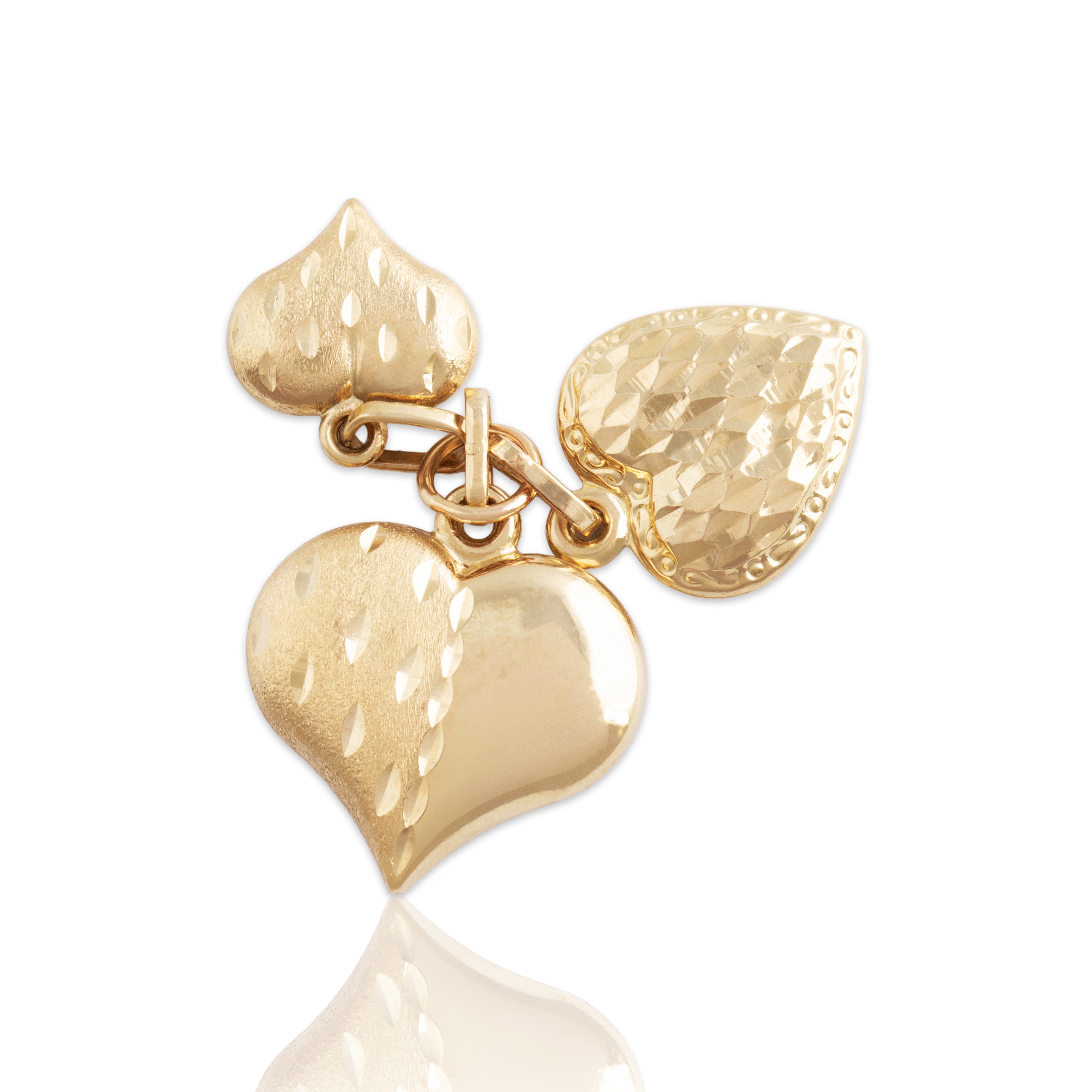 Vintage 14k Yellow Gold Chic Heart Trio Cluster Charm / Pendant - Close-up view