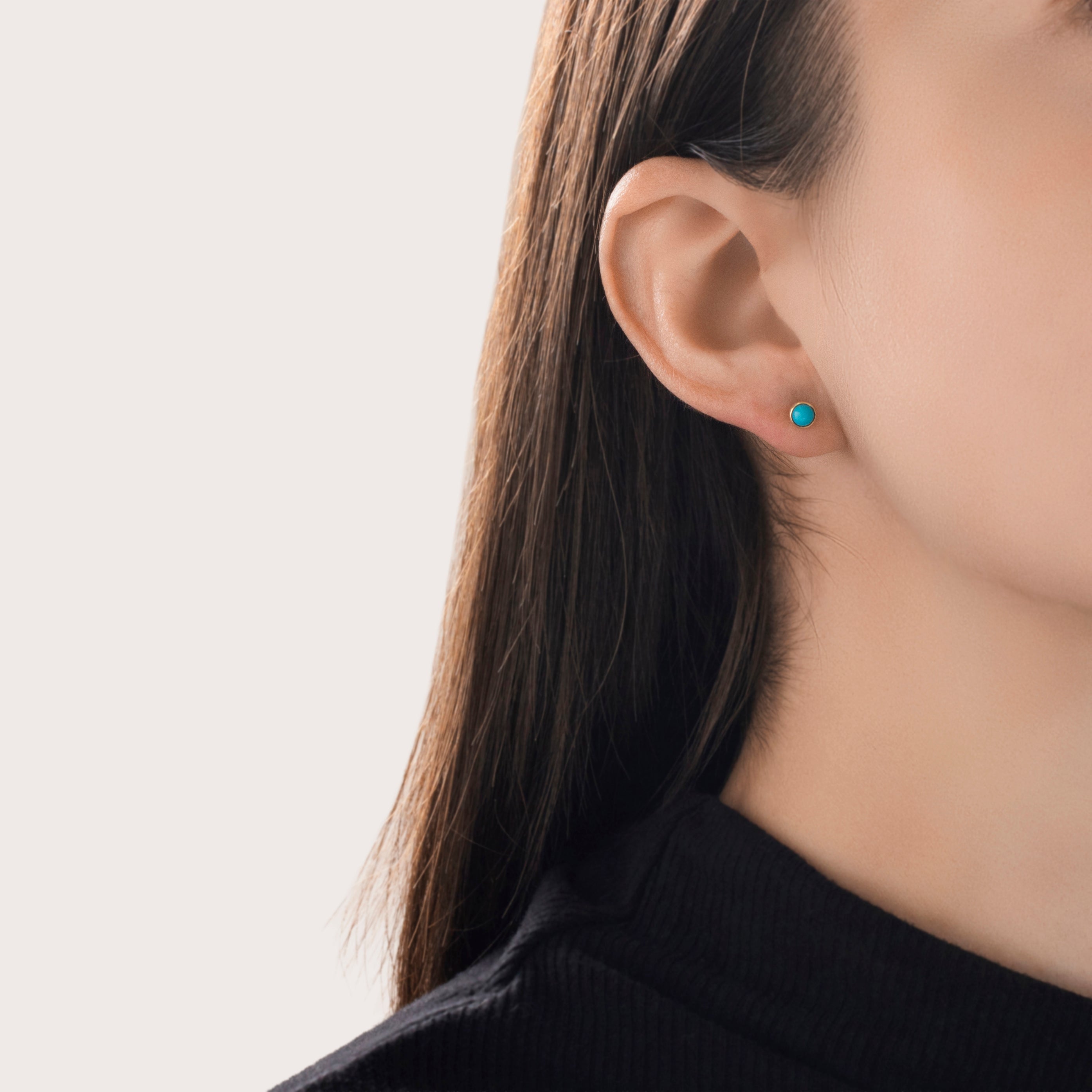 Vintage Small 14k Yellow Gold Robin's Egg Turquoise Cabochon Stud Earrings - On model view