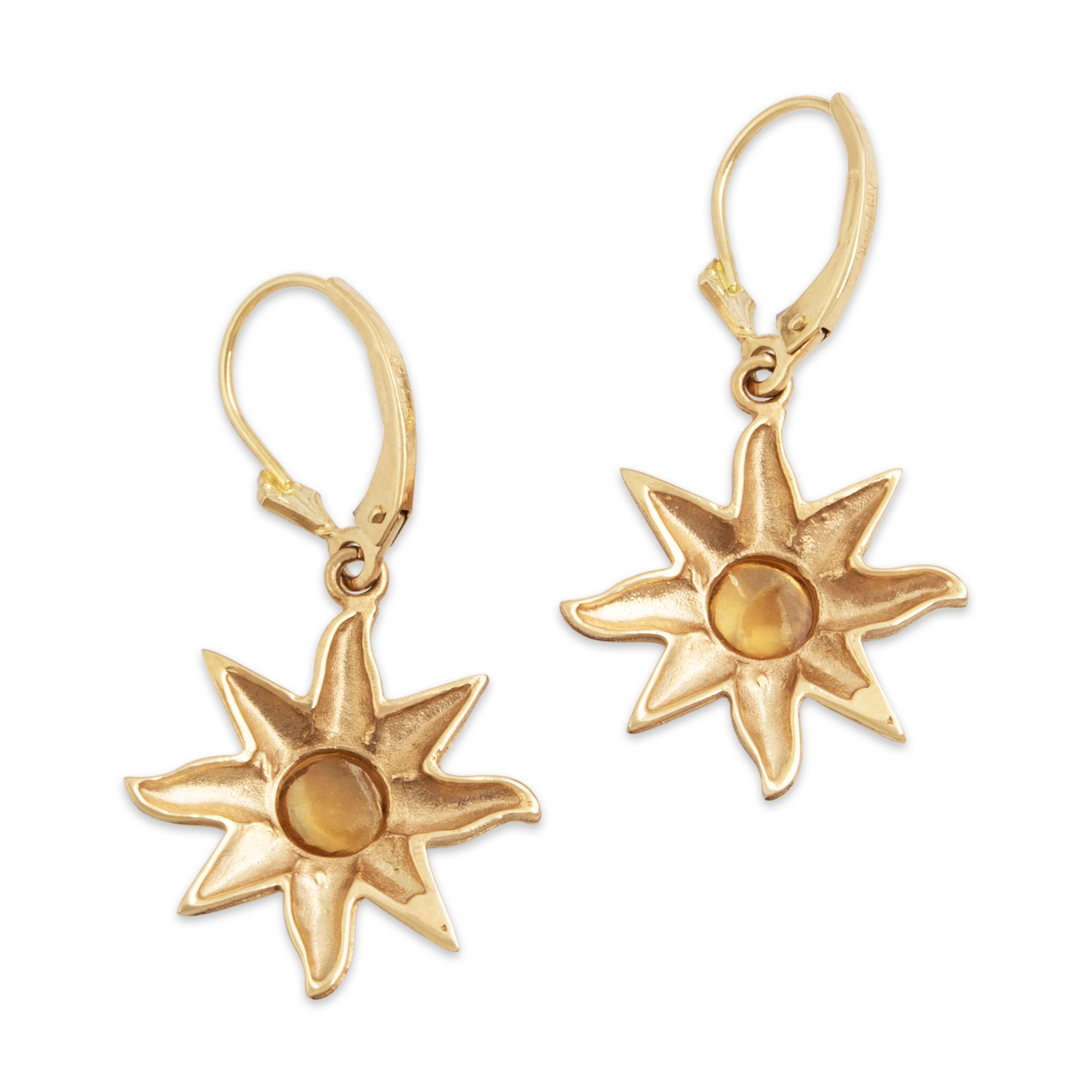 Vintage 14k Yellow Gold Citrine Whimsical Sun Cabochon Dangle Earrings - Back view