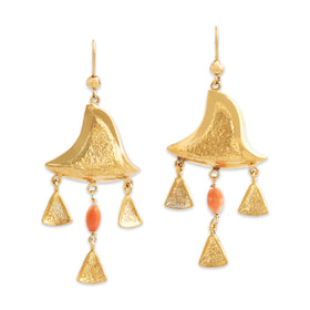 Vintage Italian Large 18k Yellow Gold Coral Textured Triangle Dangle Earrings