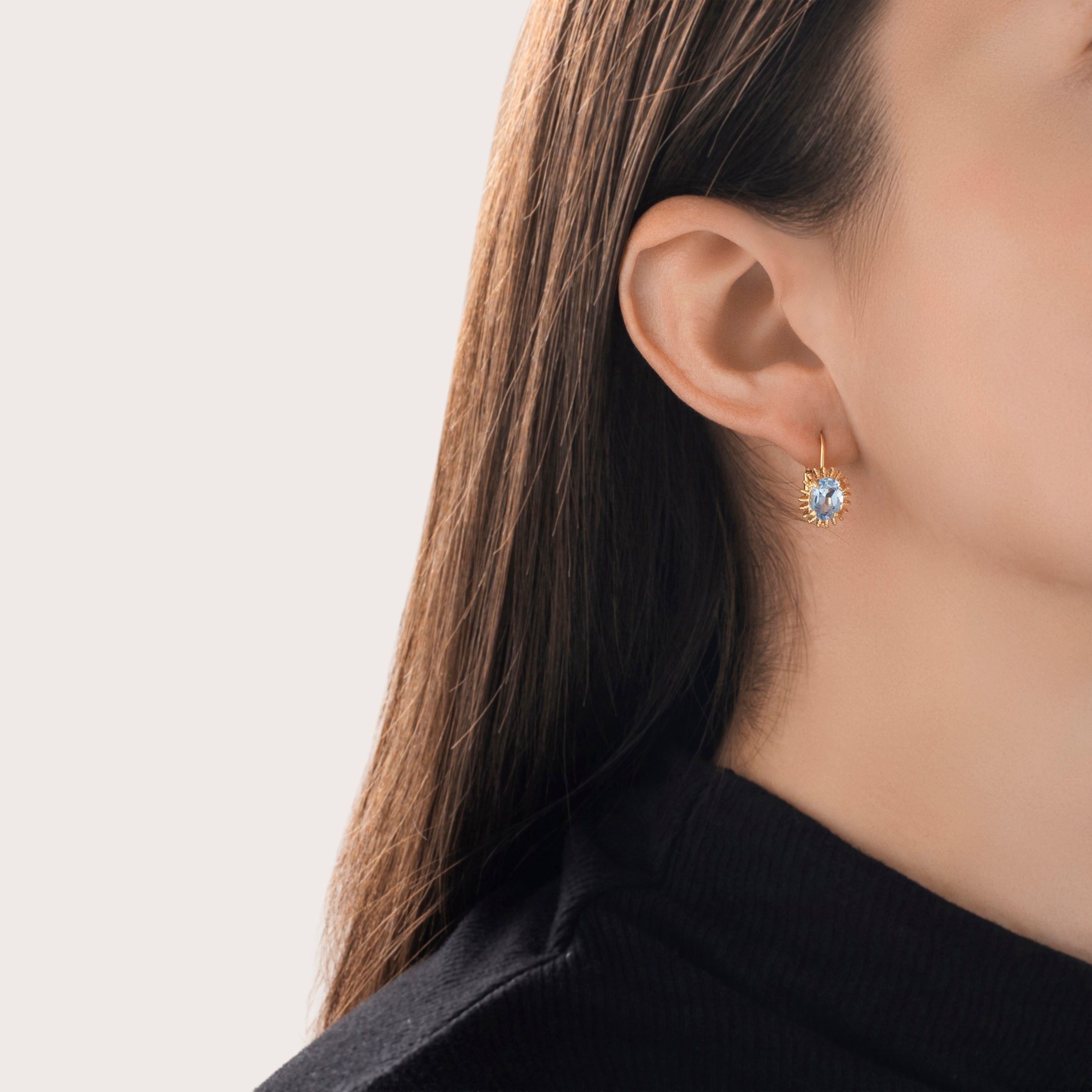 Vintage Italian 18k Yellow Gold 3cttw Blue Synthetic Spinel Beautiful Earrings - On model view