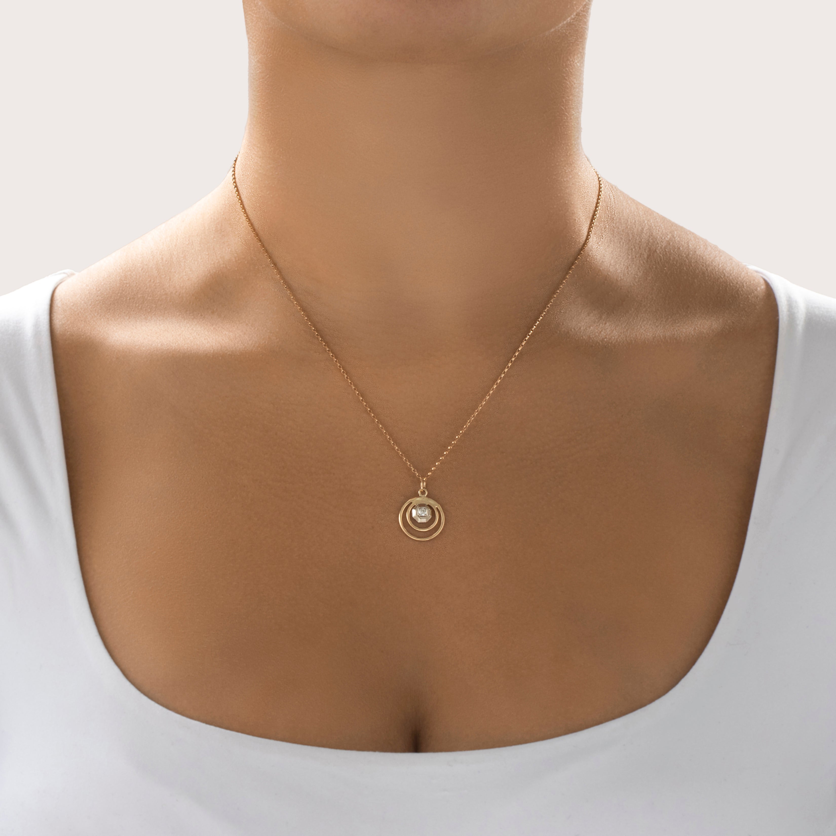 Antique Lightweight 14k Yellow Gold Old European Diamond Orbiting Loop Pendant - On model view