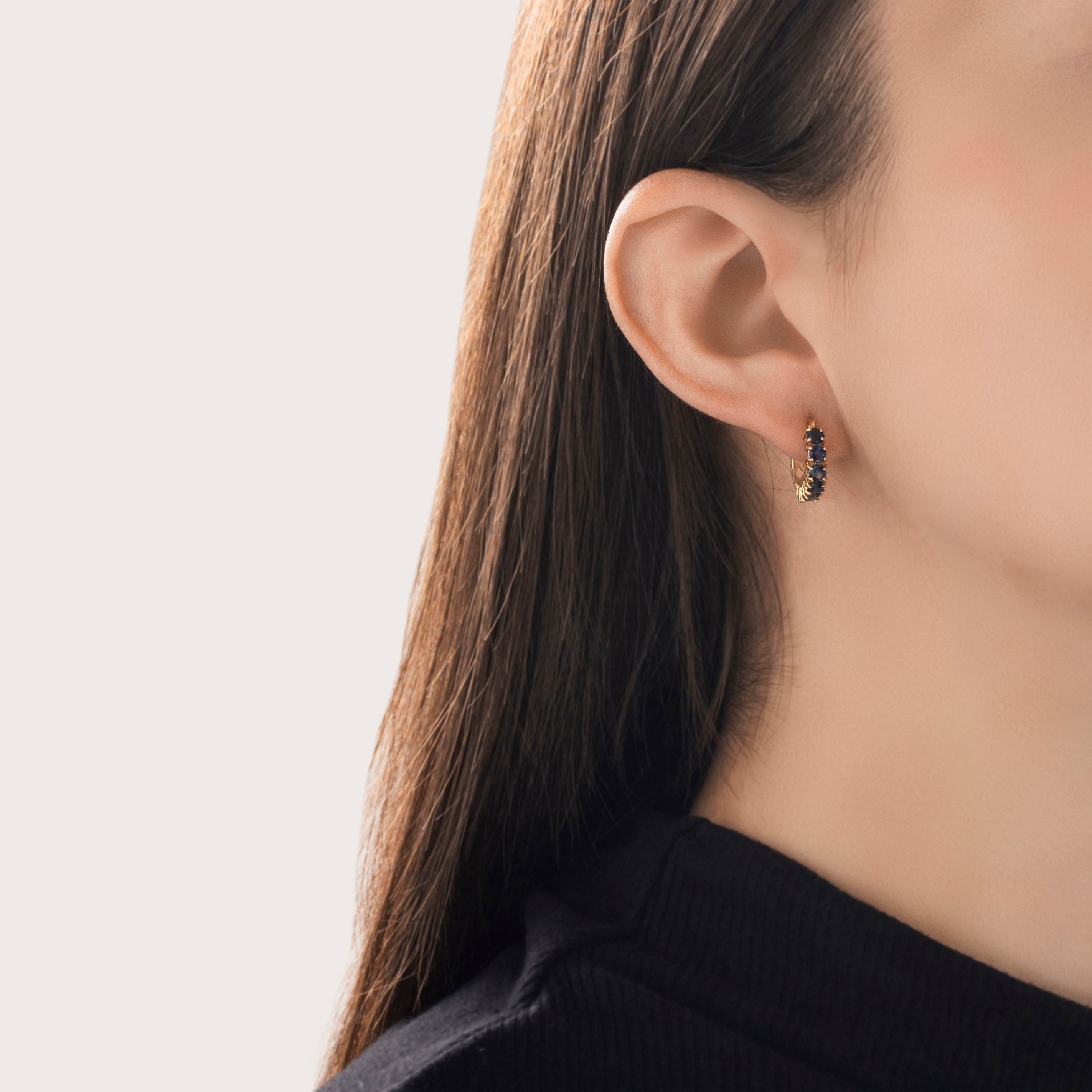 Vintage Small 14k Yellow Gold 1.7cttw Blue Sapphire Everyday Hoop Earrings - On model view