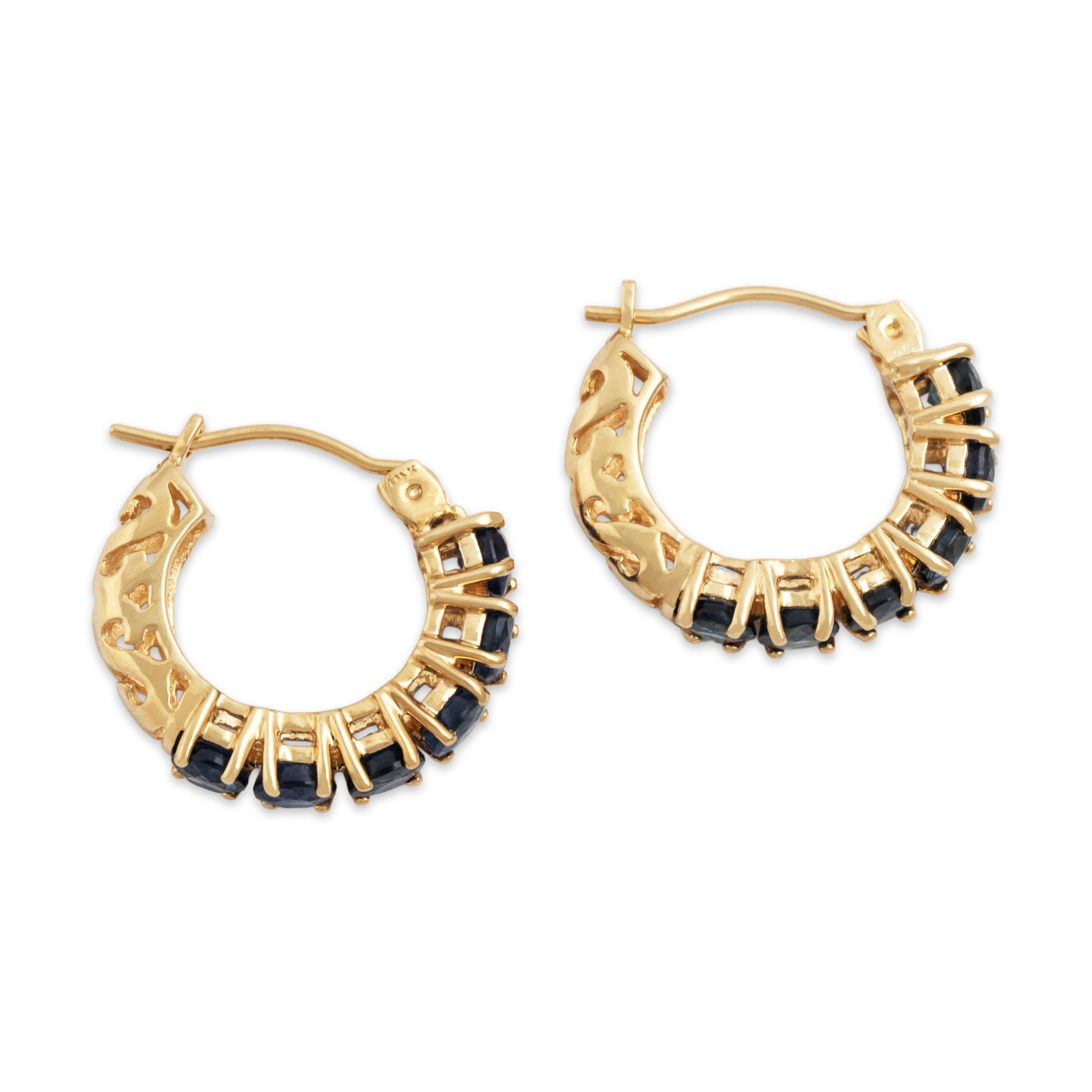 Vintage Small 14k Yellow Gold 1.7cttw Blue Sapphire Everyday Hoop Earrings - detail view #1