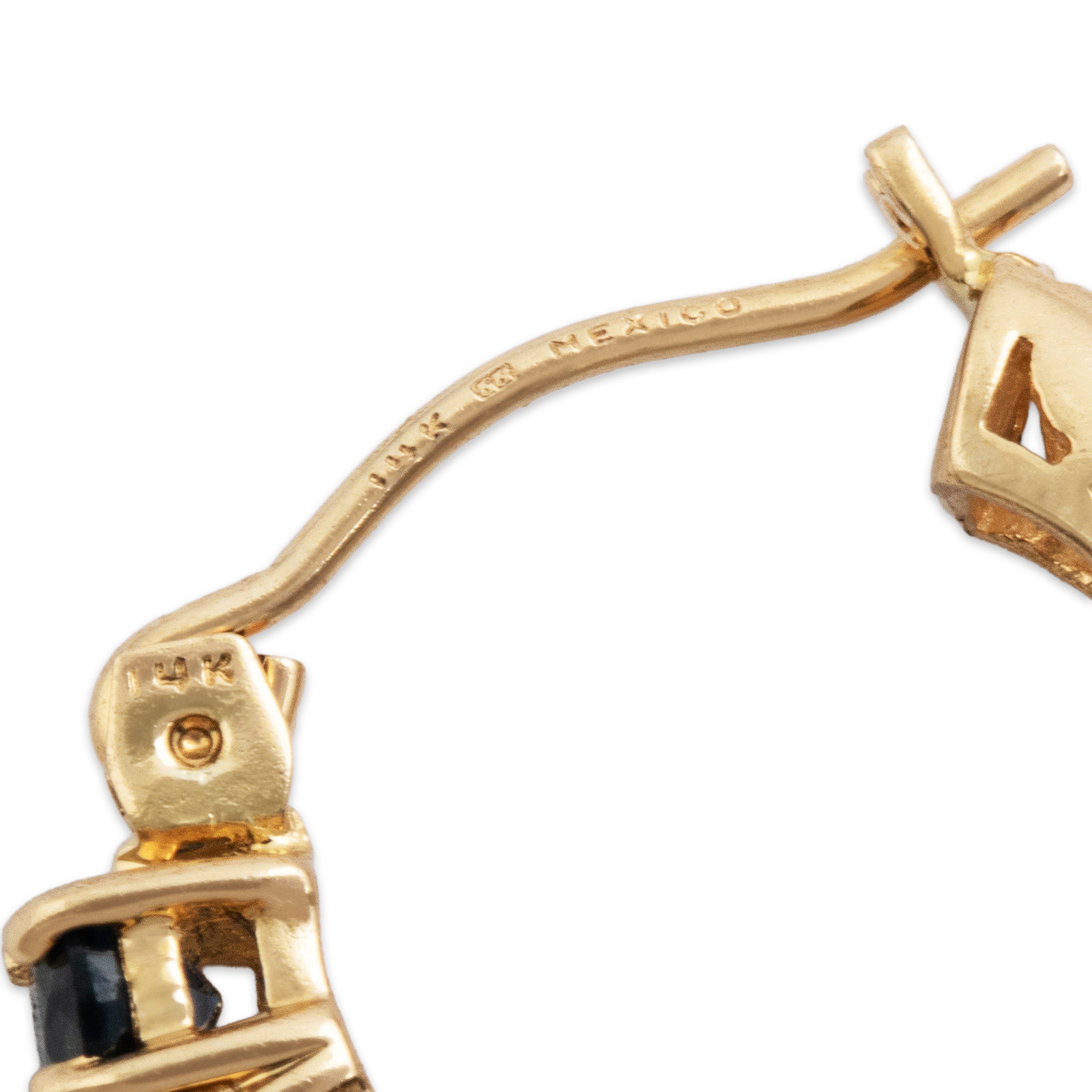 Vintage Small 14k Yellow Gold 1.7cttw Blue Sapphire Everyday Hoop Earrings - Hallmark view