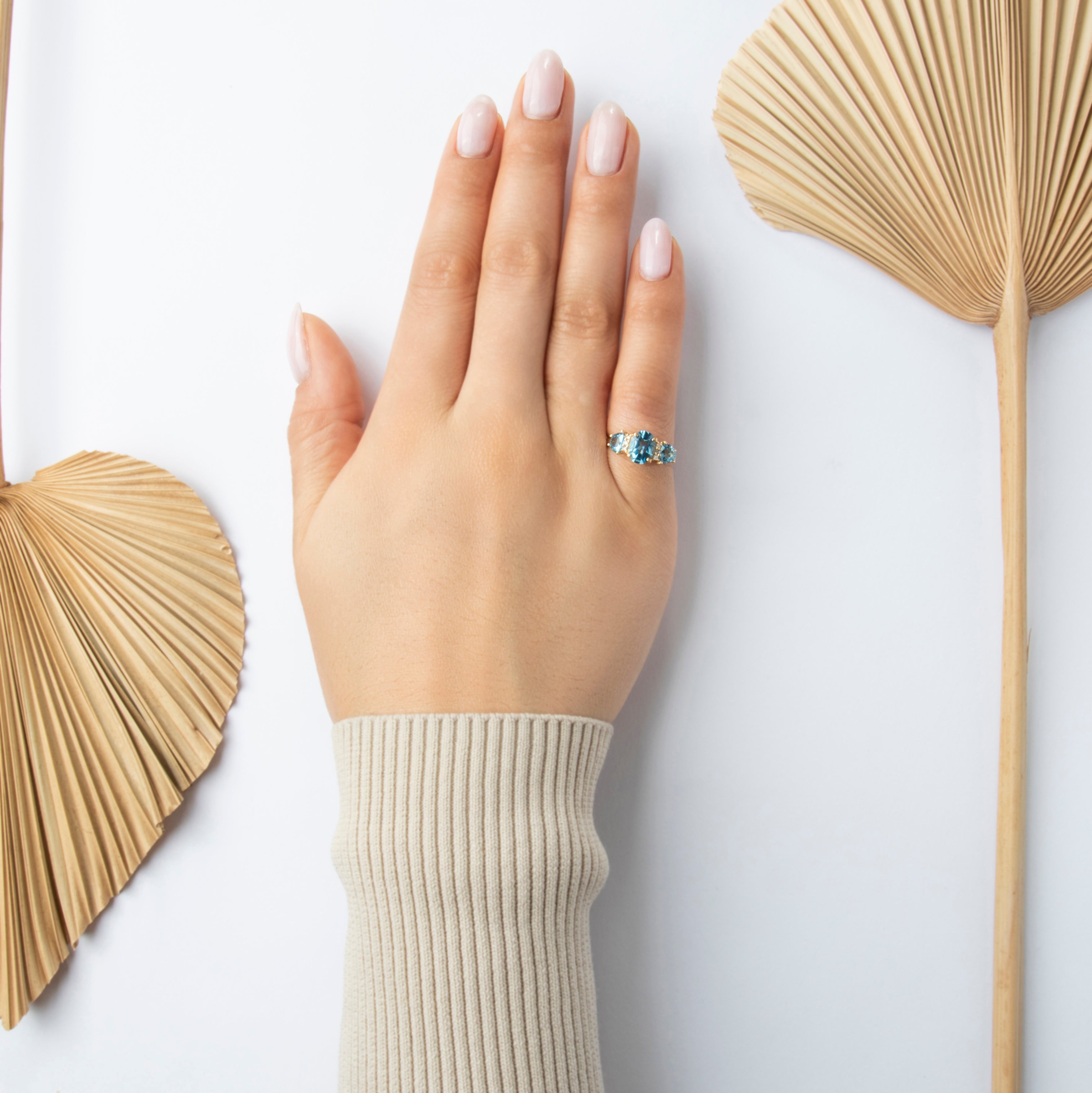 Vintage 14k Yellow Gold 2.3cttw Swiss Blue Topaz Diamond Lovely Trio Ring - On model view