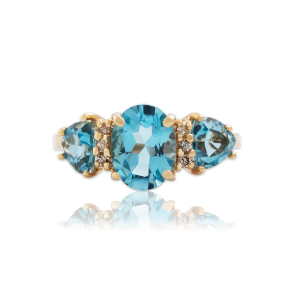 Vintage 14k Yellow Gold 2.3cttw Blue Topaz Diamond Lovely Trio Ring 6.00