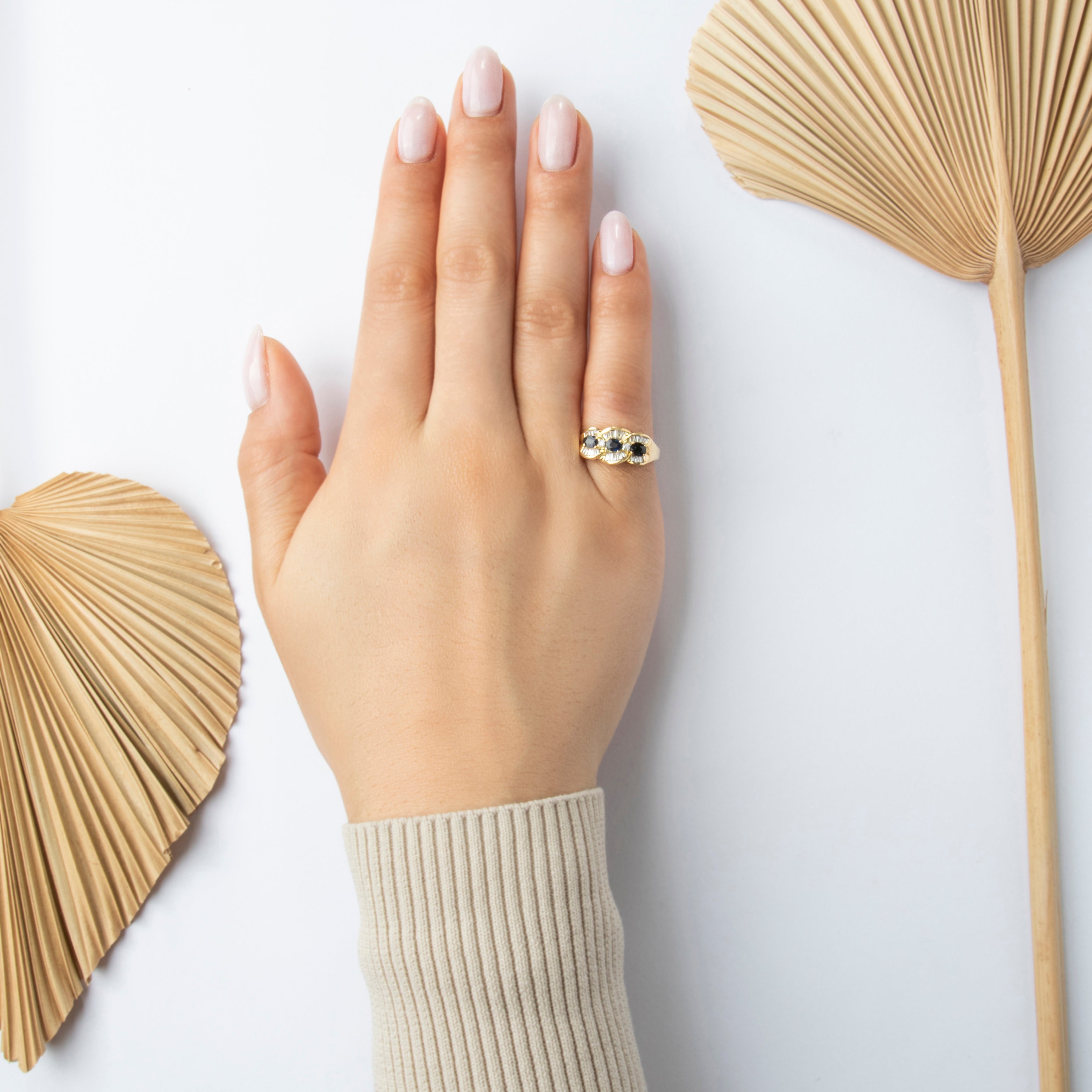 Vintage 14k Yellow Gold Blue Sapphire Diamond Wavy Baguette Halo Trio Ring - On model view