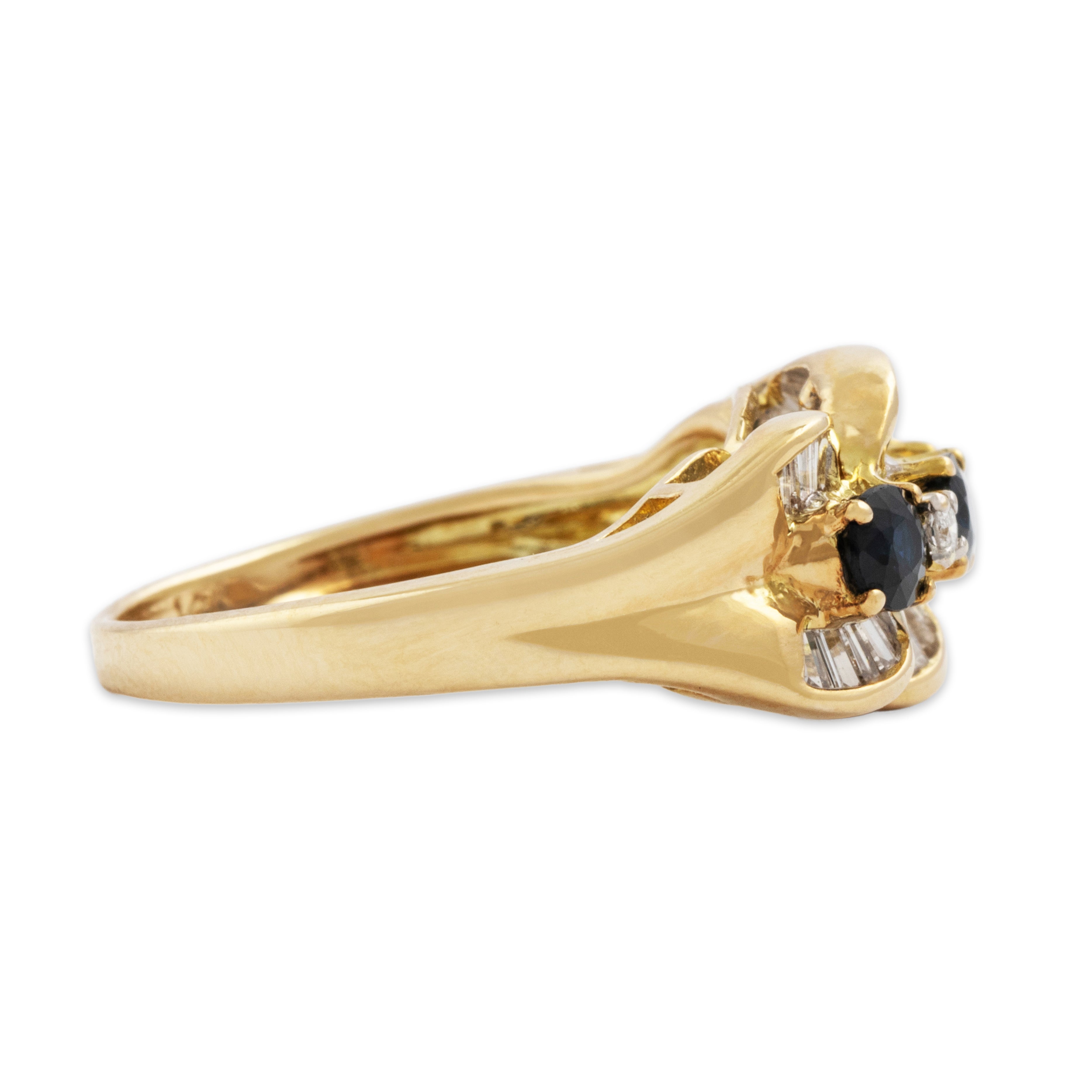 Vintage 14k Yellow Gold Blue Sapphire Diamond Wavy Baguette Halo Ring - Side view