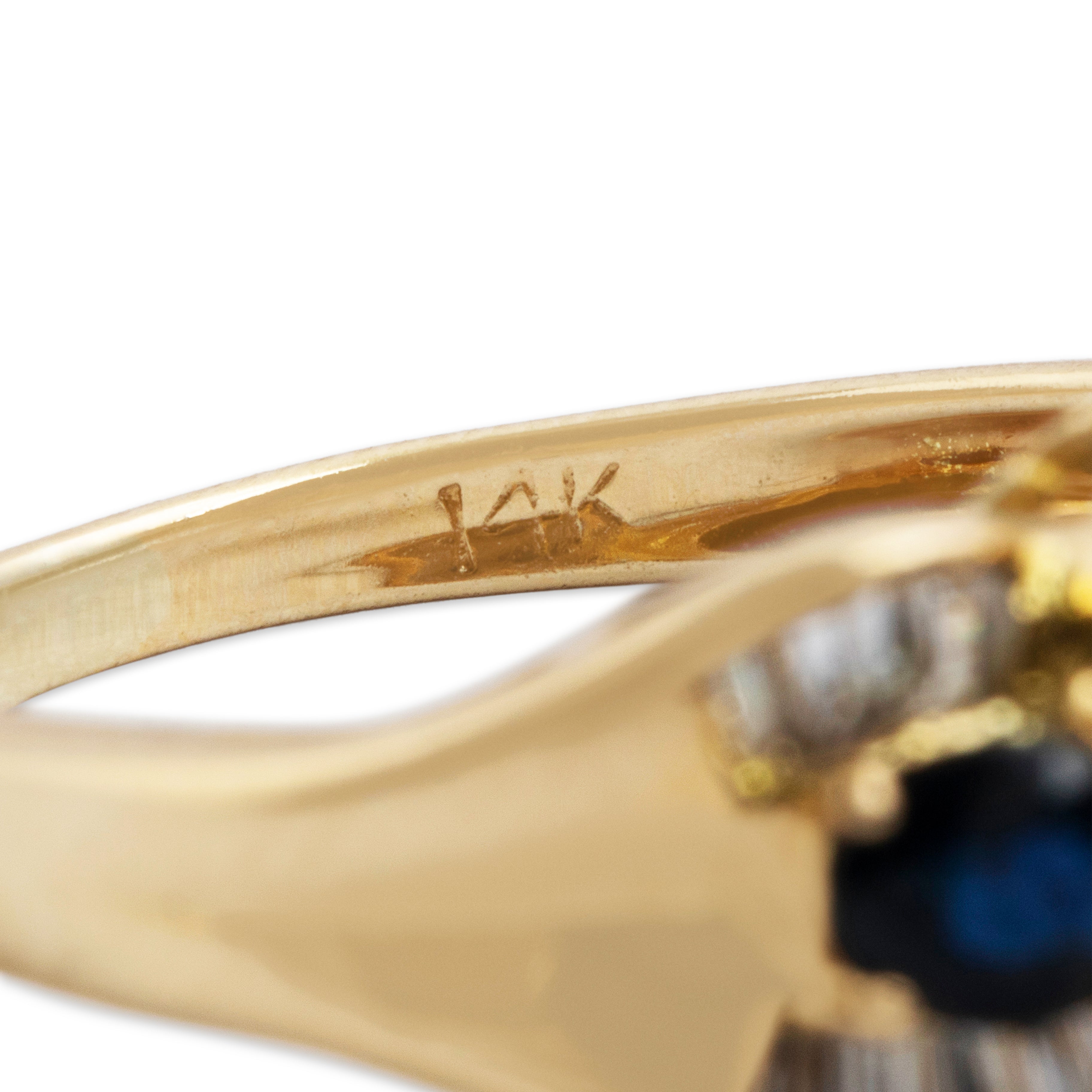 Vintage 14k Yellow Gold Blue Sapphire Diamond Wavy Baguette Halo Ring - Hallmark view