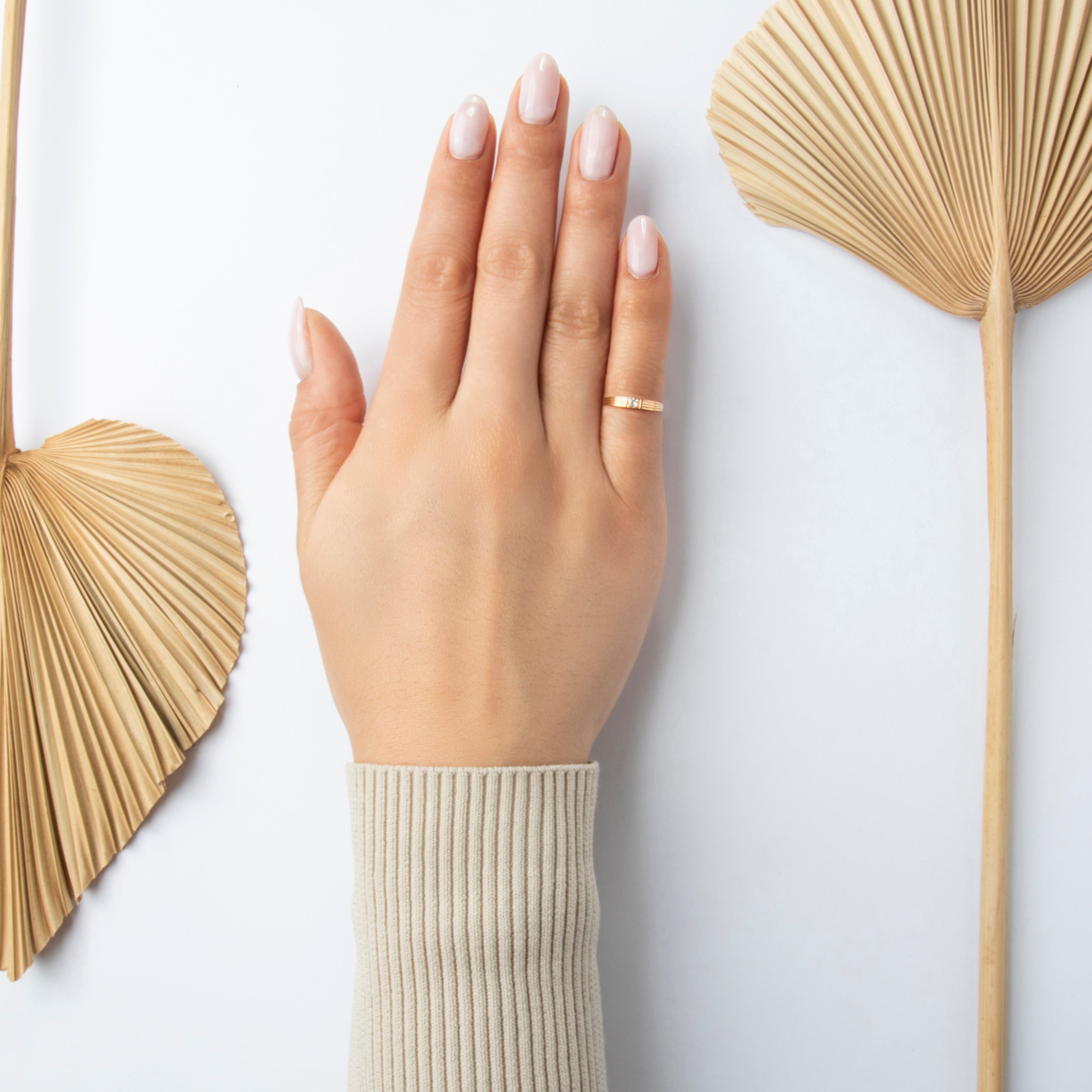 Antique Portuguese Small 19k Rosy Yellow Gold Diamond Dainty Solitaire Ring - On model view