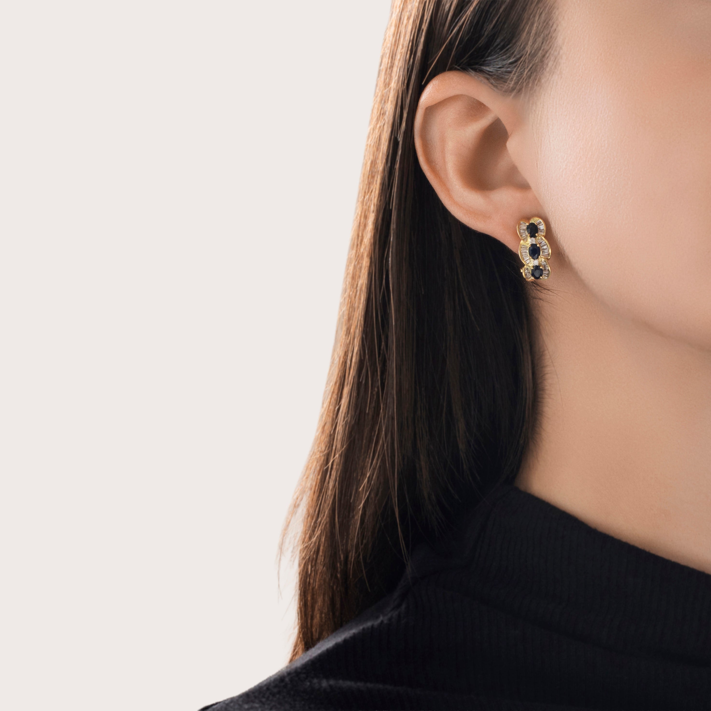 Vintage 14k Yellow Gold 1.1cttw Sapphire 1cttw Diamond Baguette Halo Earrings - On model view