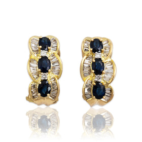 Vintage 14k Yellow Gold 1.1cttw Blue Sapphire 1cttw Diamond Baguette Halo Earrings