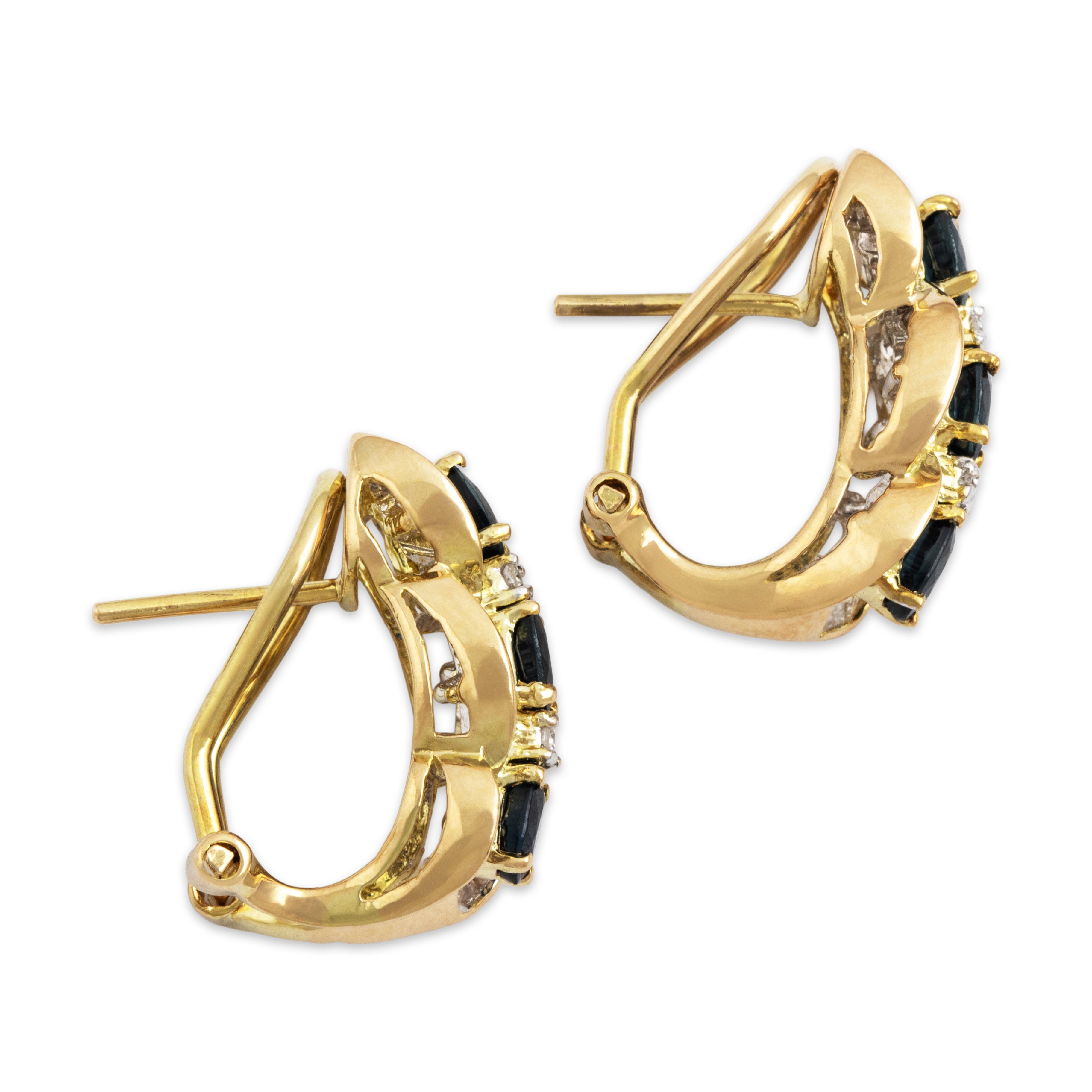 Vintage 14k Yellow Gold 1.1cttw Blue Sapphire 1cttw Diamond Baguette Halo Earrings - Side view