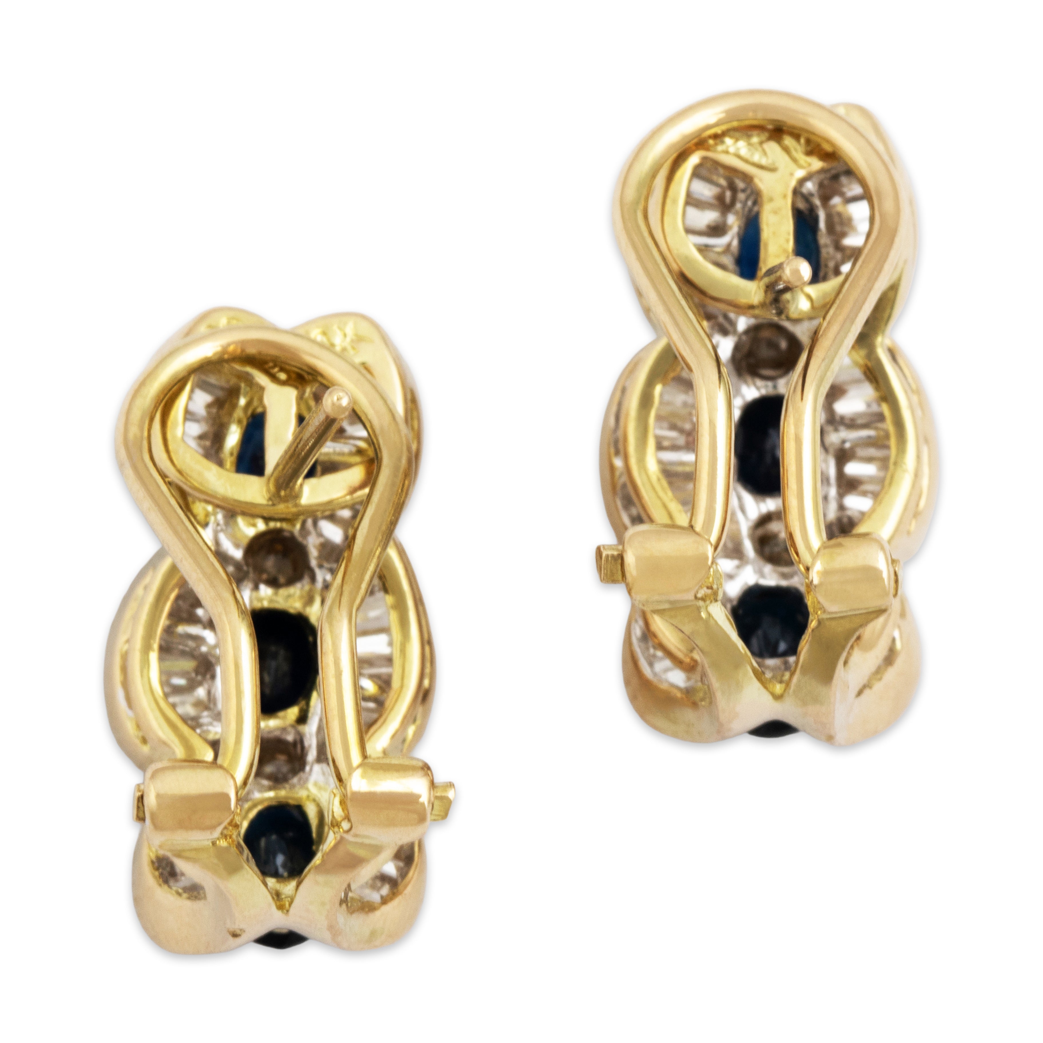 Vintage 14k Yellow Gold 1.1cttw Blue Sapphire 1cttw Diamond Baguette Halo Earrings - Back view