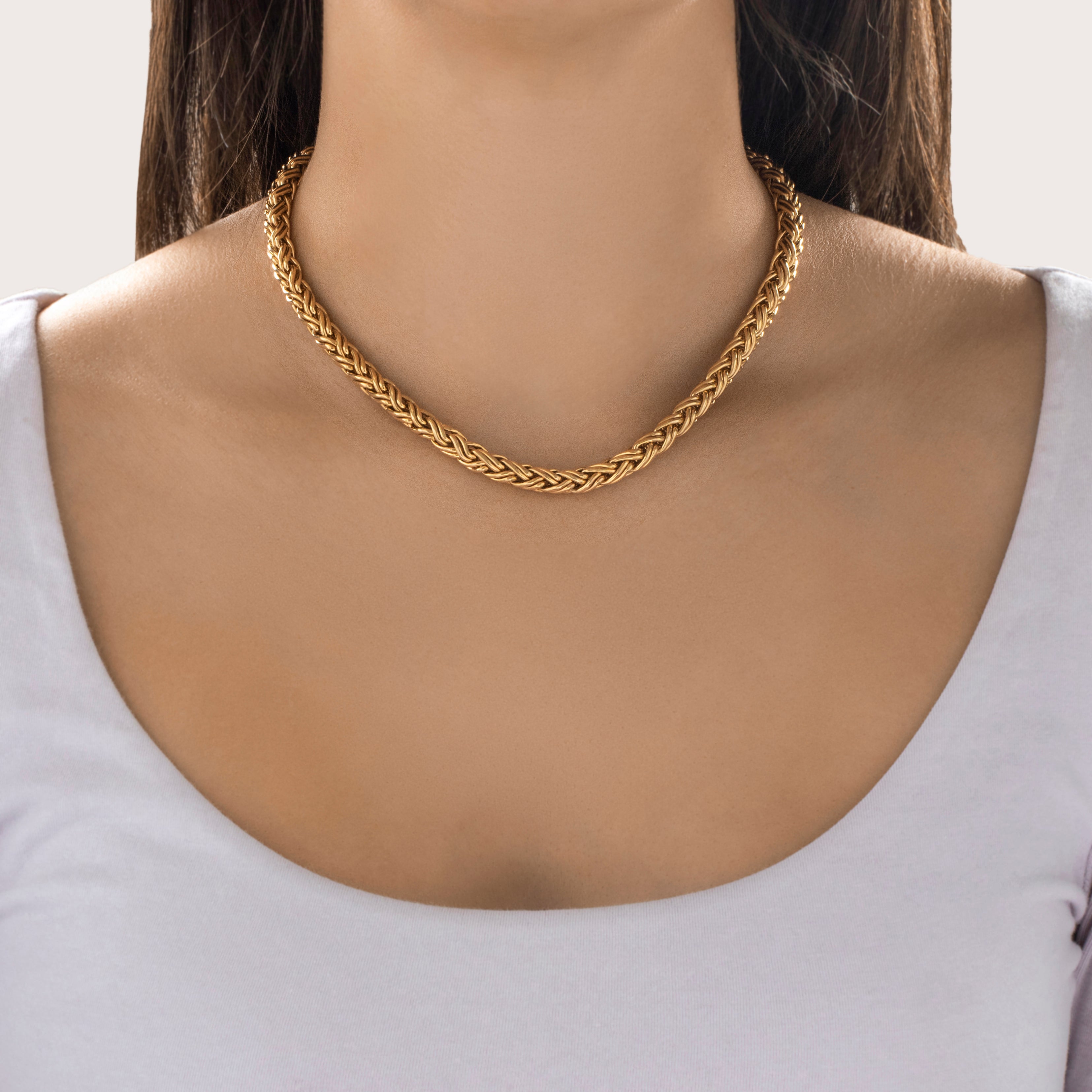 Vintage Tiffany & Co. 14k Yellow Gold Incredible Substantial Wheat Chain Necklace - On model view