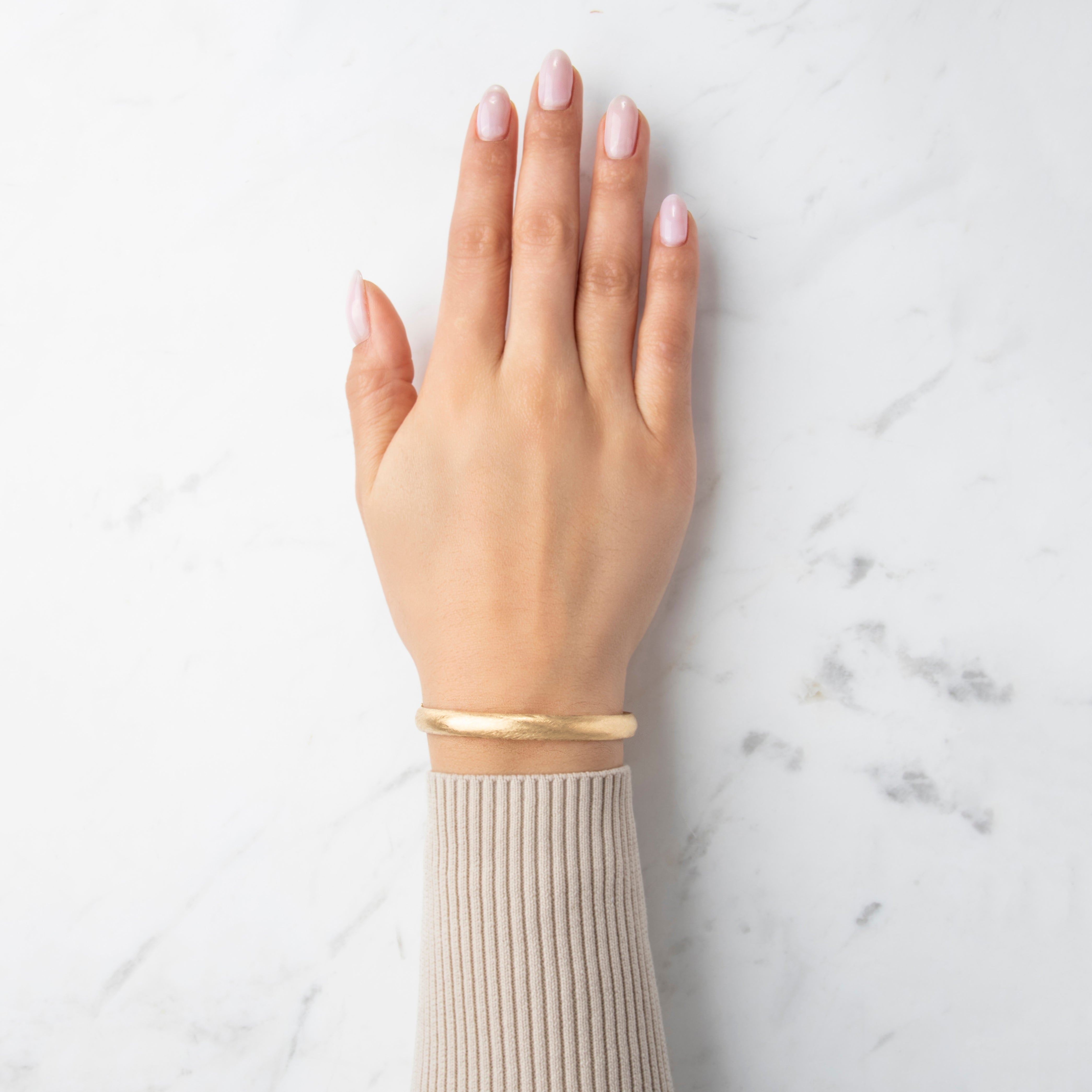 Vintage 14k Yellow Gold Elegant Brushed Bangle Bracelet - On model view