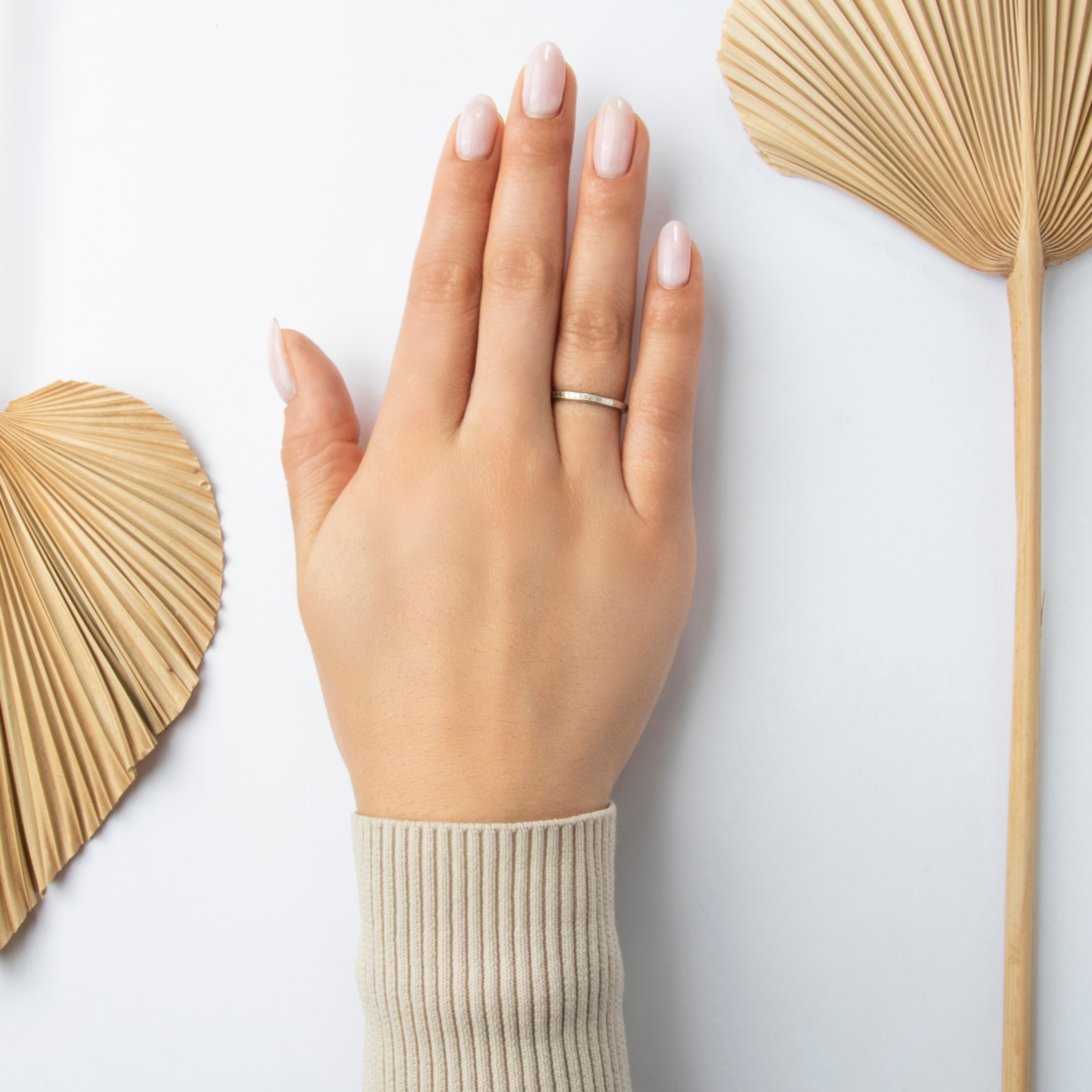 Antique 14k White Gold Sleek Wheat Pattern Milgrain Band Ring - On model view