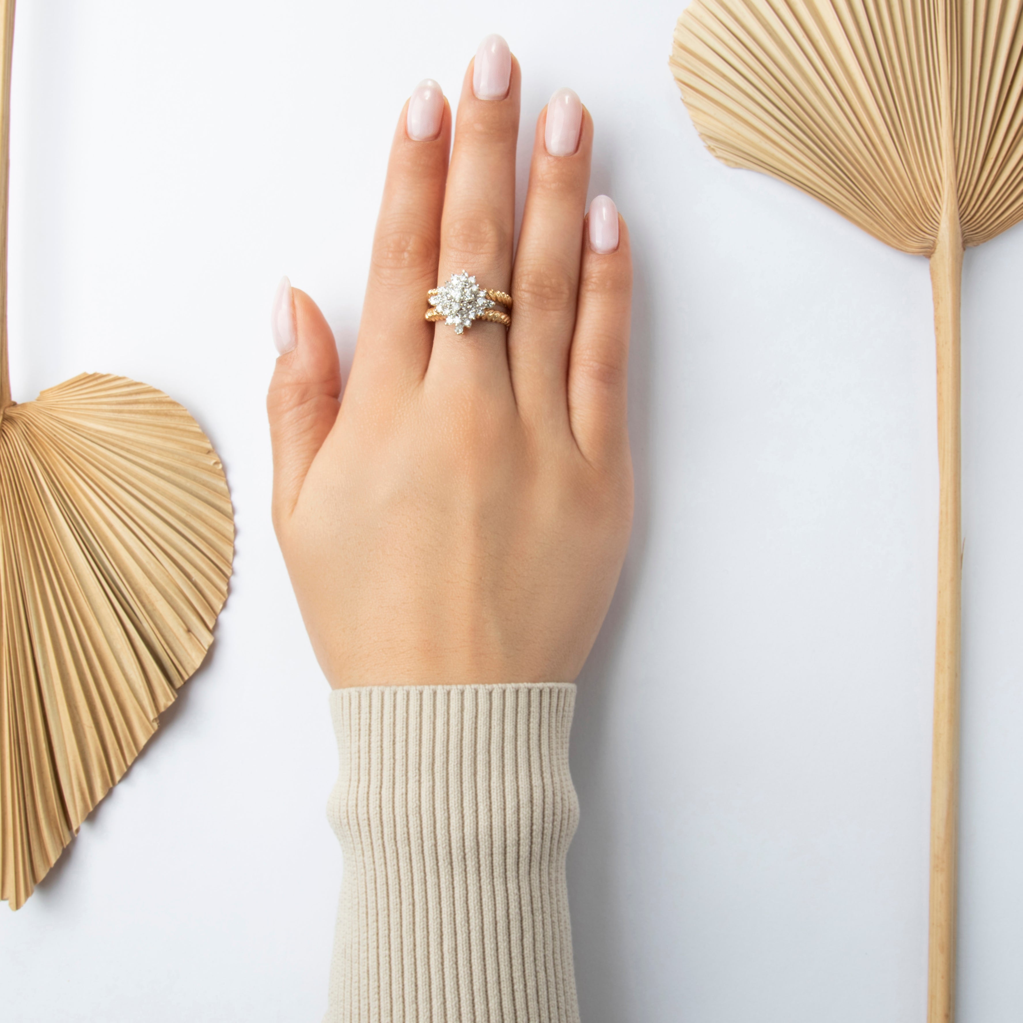 Vintage 14k Yellow Gold 1.239cttw Diamond Ribbed Sparkling Pyramid Ring - On model view