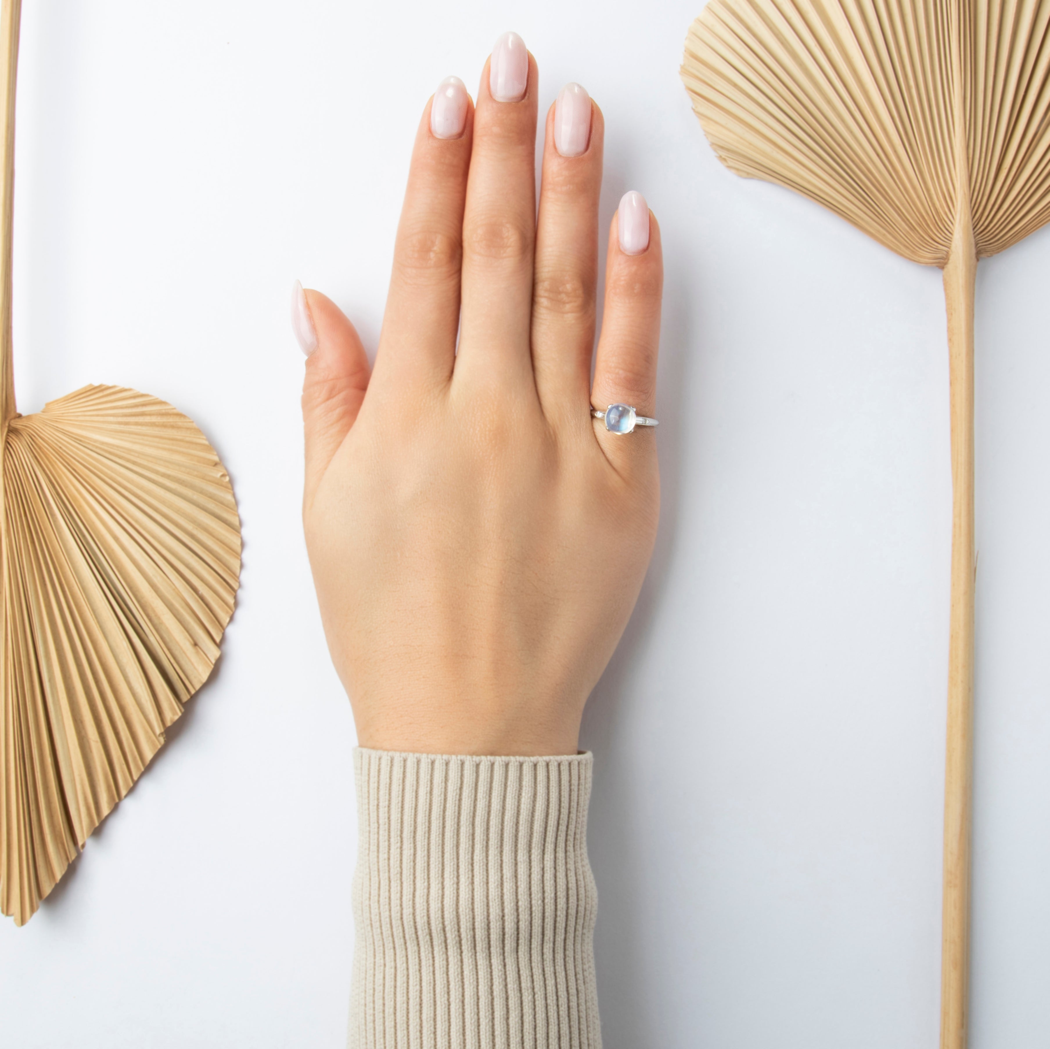 Vintage Platinum 2.07ct Moonstone Diamond Architectural Ring - On model view