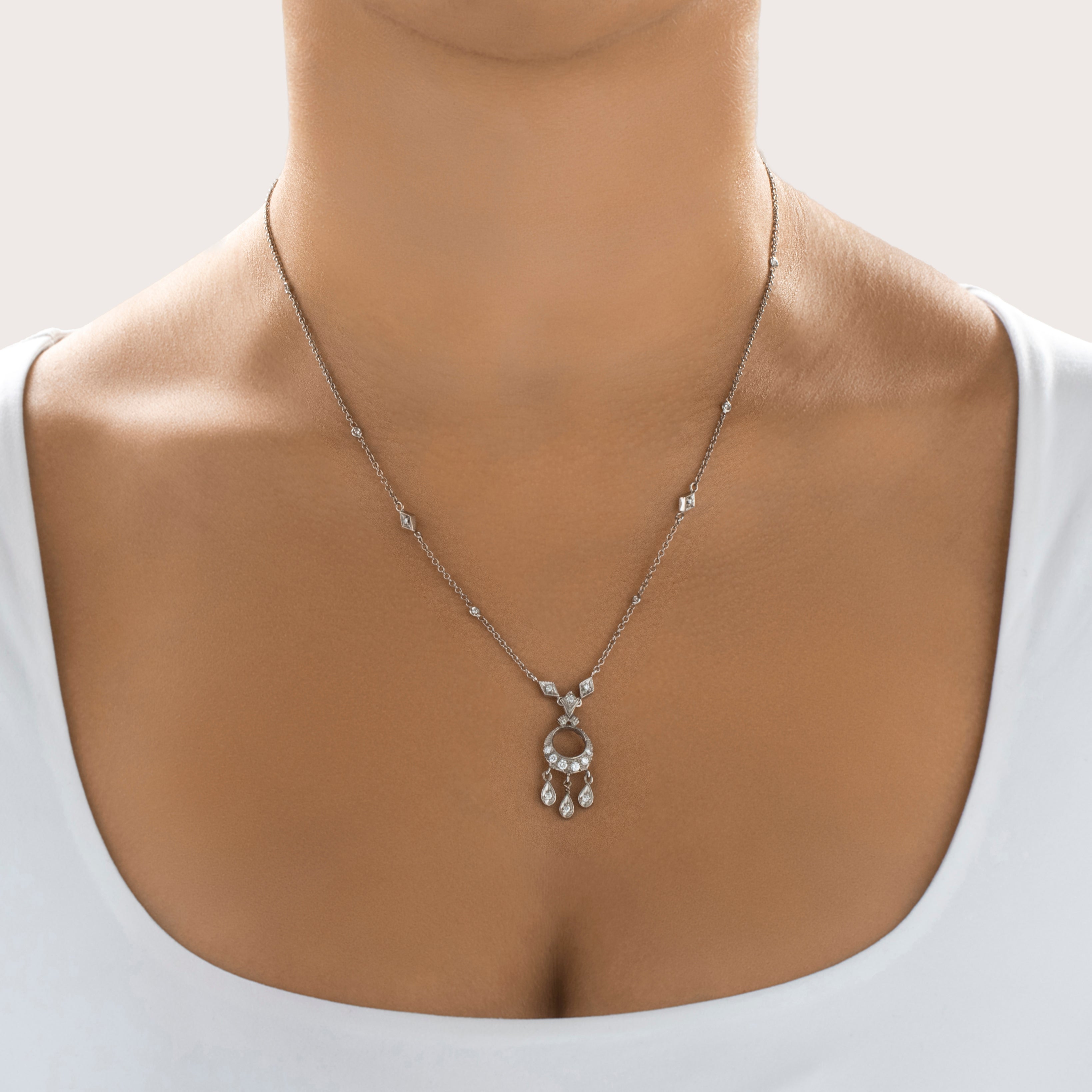 Vintage 18k & 14k White Gold .388cttw Diamond Beautiful Lavalier Necklace - On model view