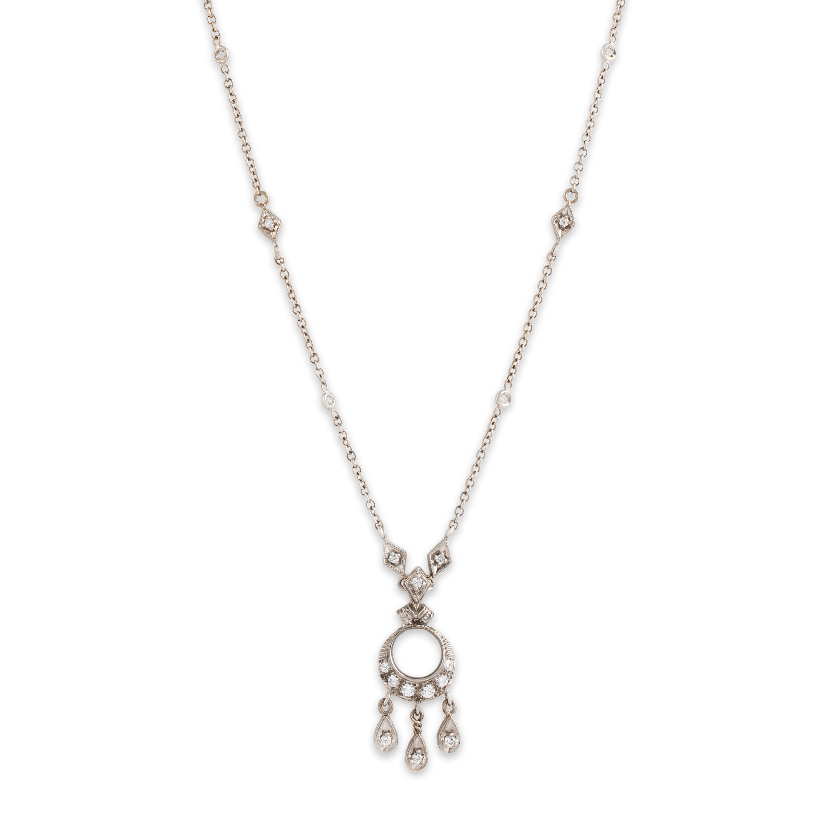 Vintage 18k & 14k White Gold .388cttw Diamond Beautiful Lavalier Necklace - Close-up view