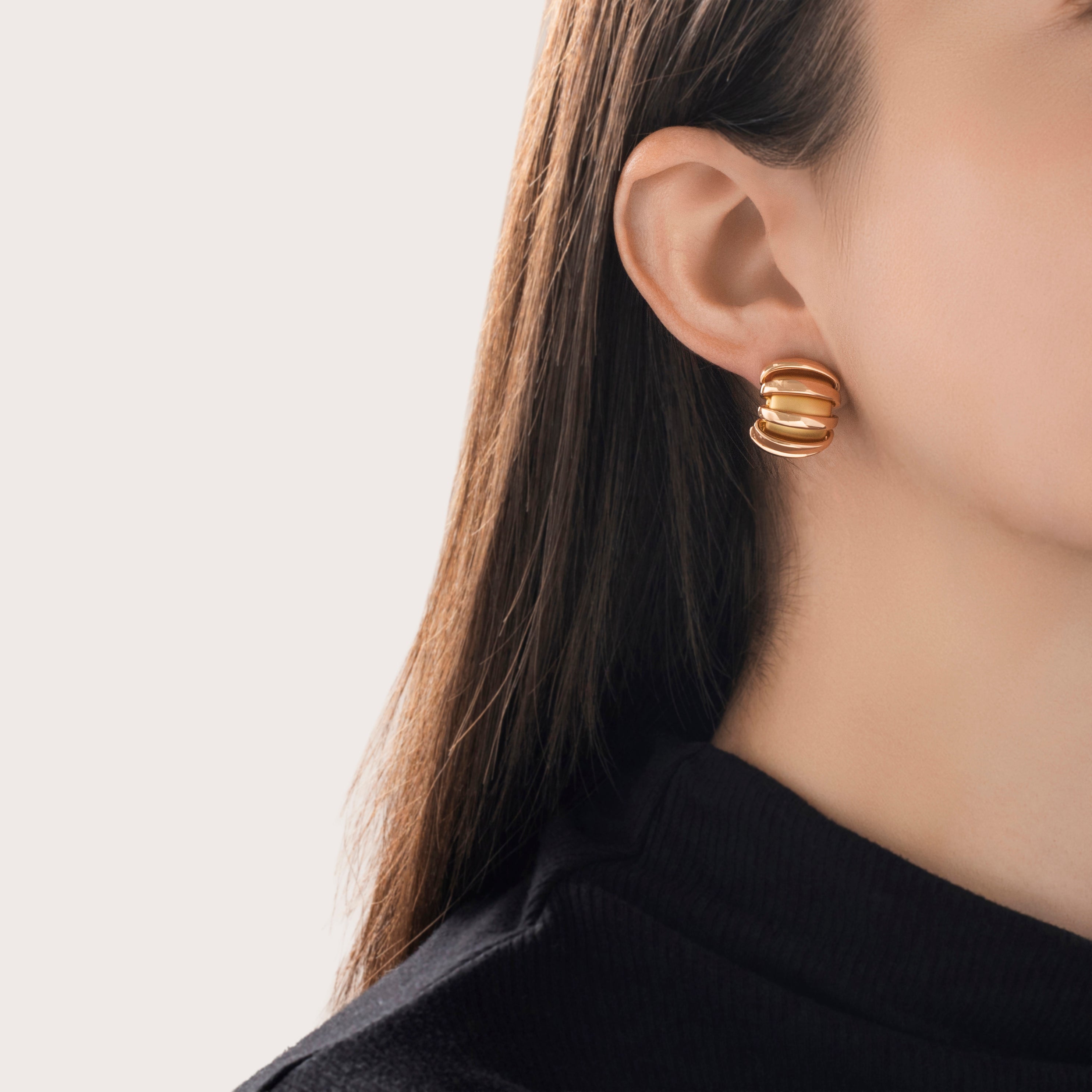 Vintage French 18k Yellow & Rose Gold Fabulous Brushed & Shiny Wrapped Earrings - On model view