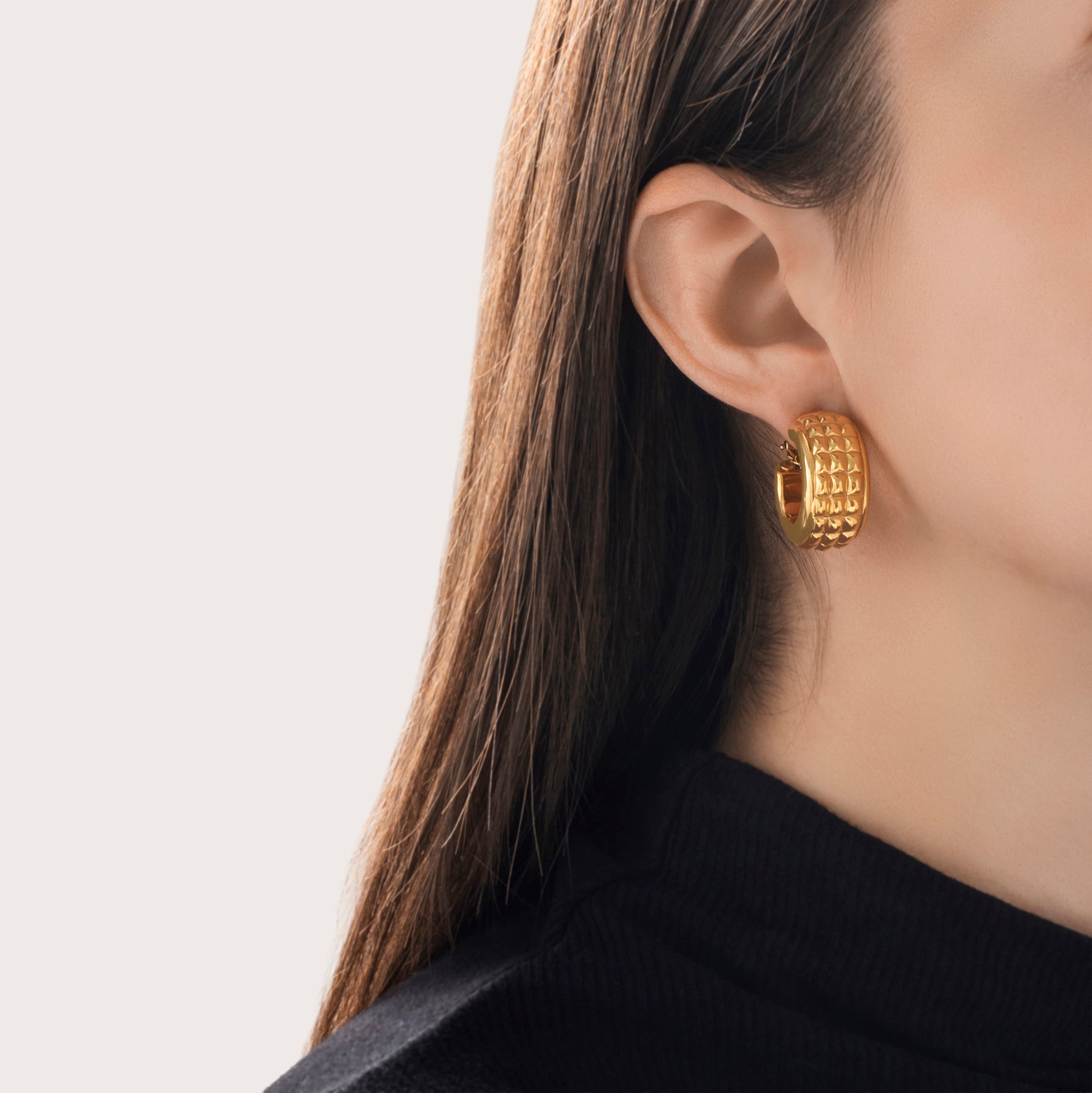 Vintage Italian 18k Yellow Gold Chunky Studded Statement Hoop Earrings - On model view