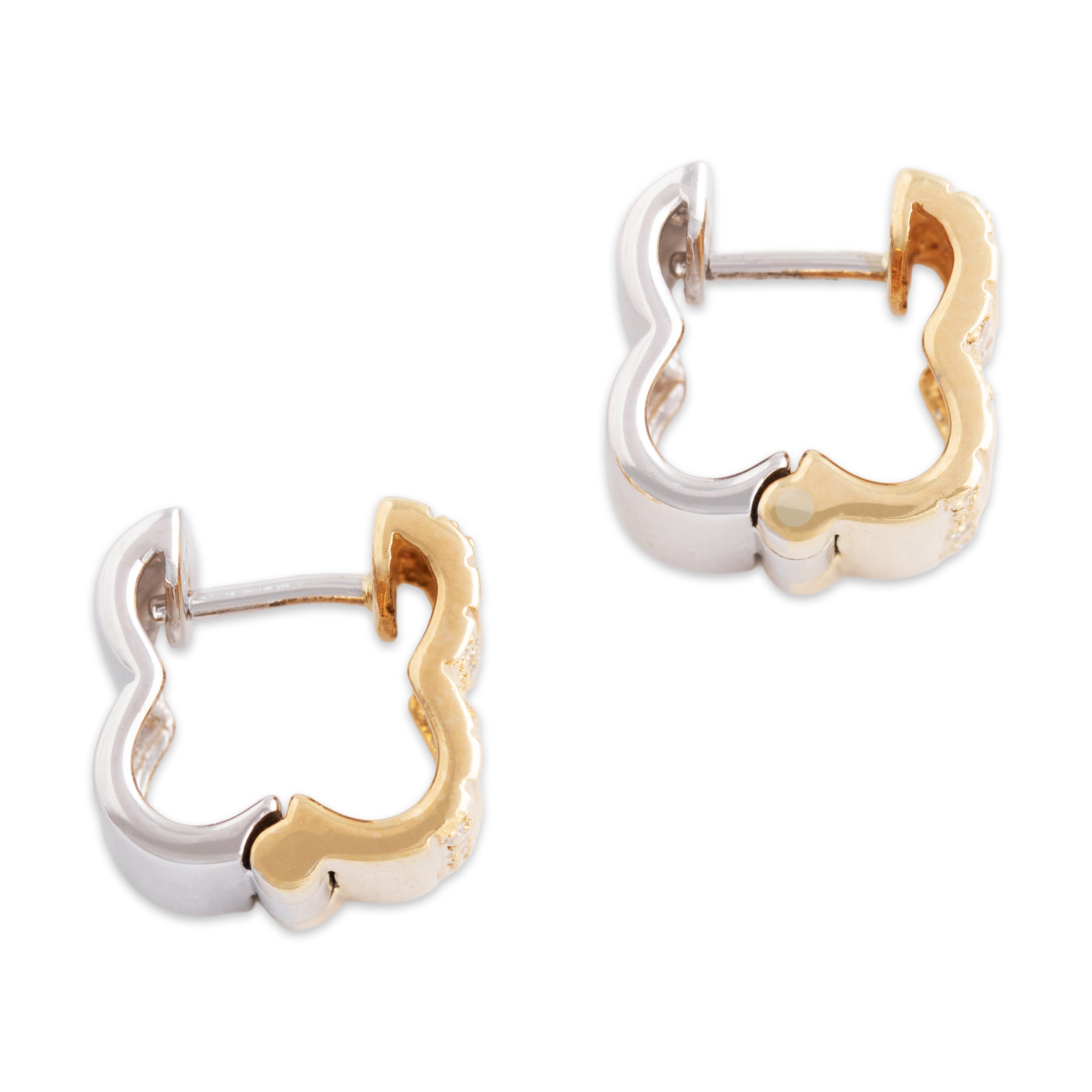 Vintage 18k Yellow & White Gold .2cttw Diamond Lined Quatrefoil Huggie Earrings - Side view