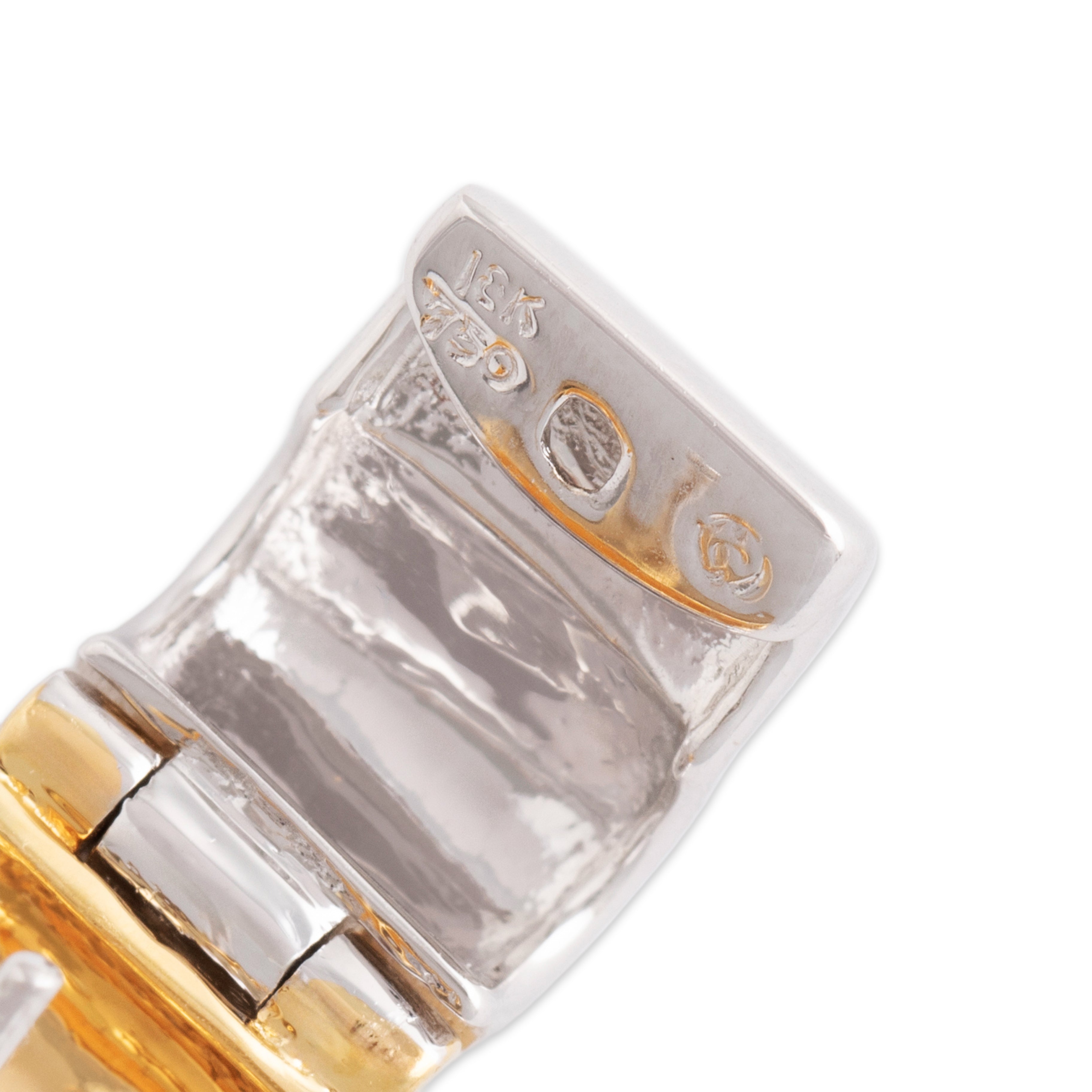 Vintage 18k Yellow & White Gold .2cttw Diamond Lined Quatrefoil Huggie Earrings - Hallmark view