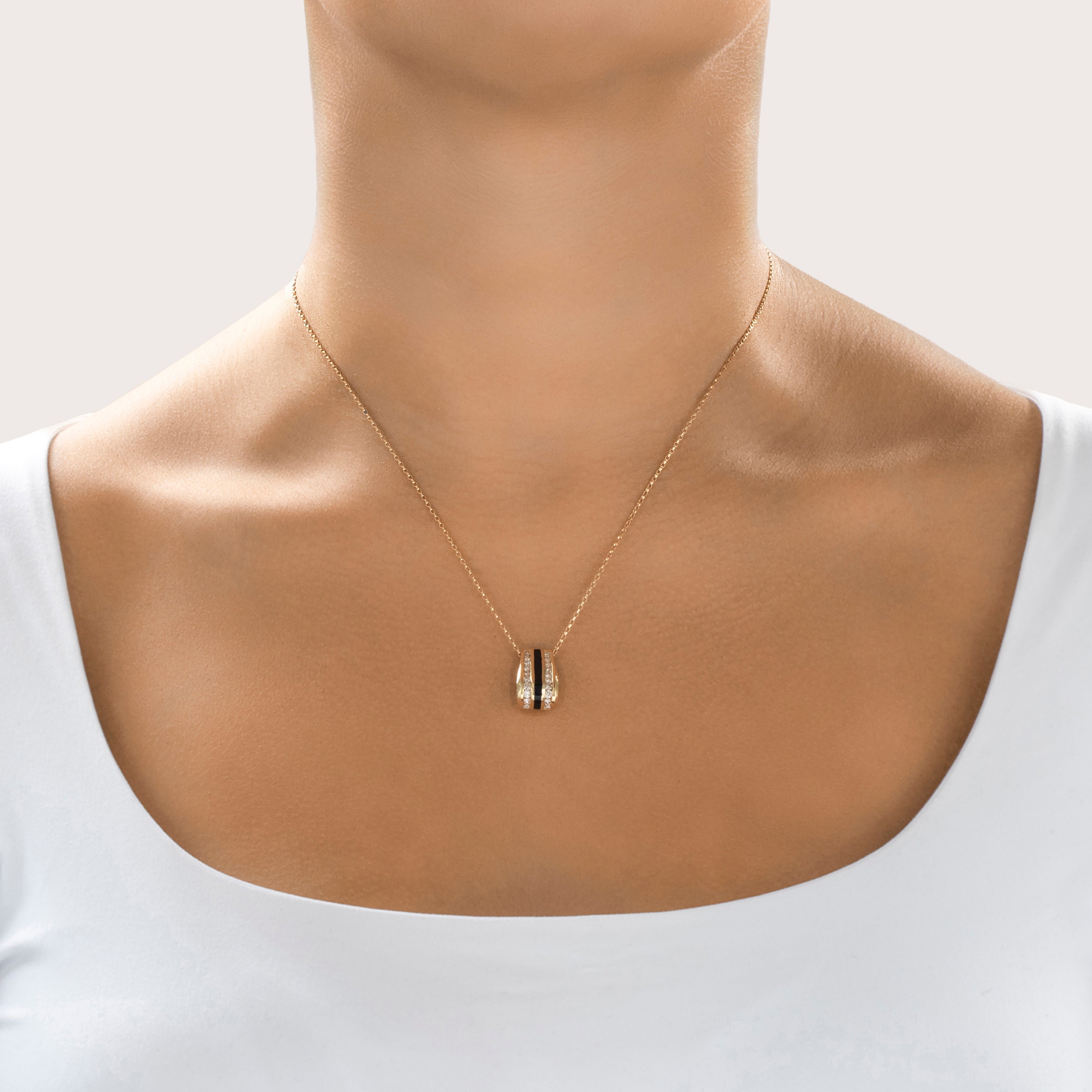 Vintage 14k Yellow Gold .58cttw Diamond Onyx Curved Inlay Pendant - On model view