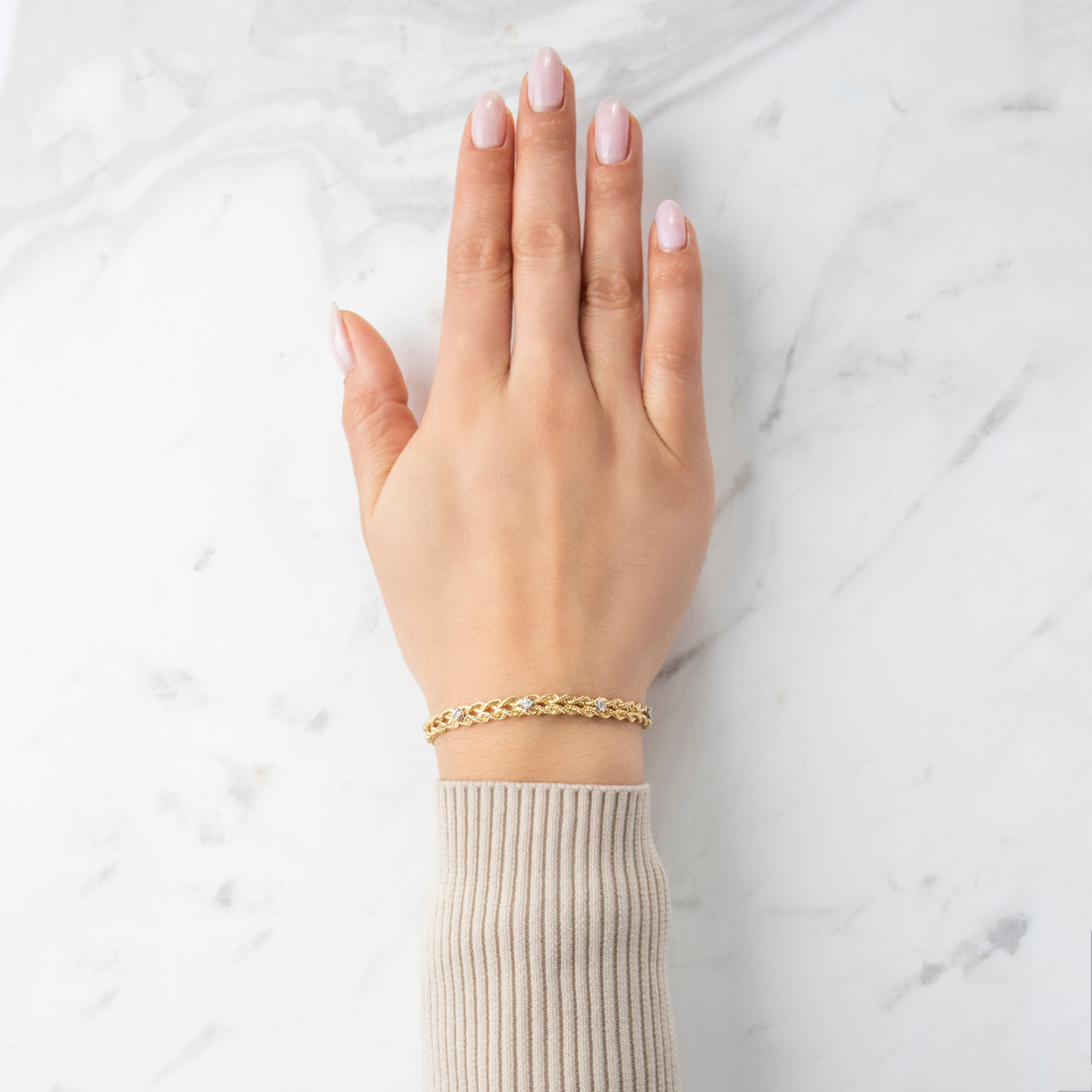 Vintage 14k Yellow Gold Diamond Braided Rope Chain Bracelet - On model view