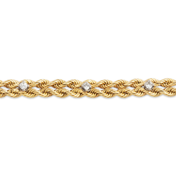 Vintage 14k Yellow Gold Diamond Braided Adorned Rope Chain Bracelet 6.75