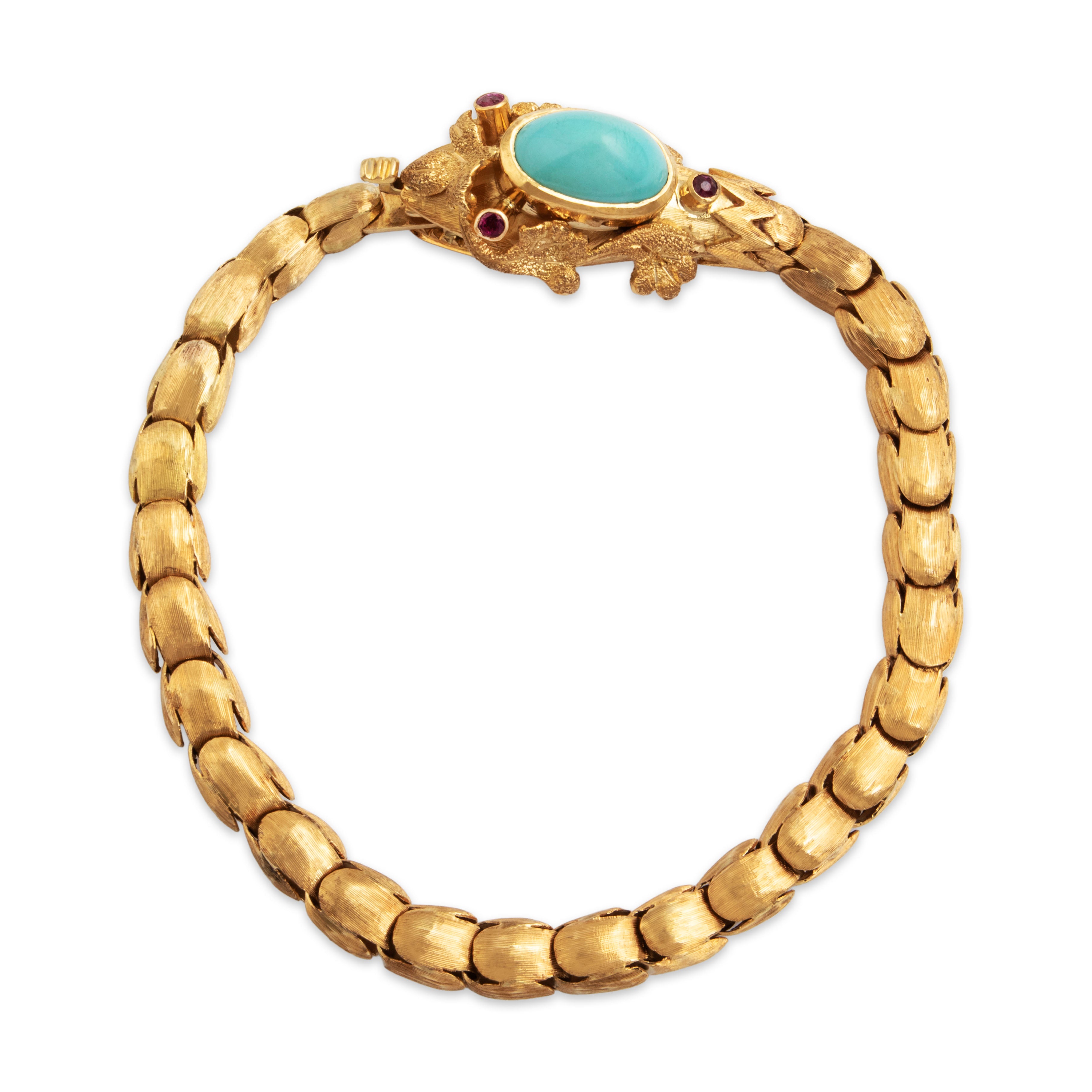 Vintage Rare Ilias Lalaounis 18k Yellow Gold Turquoise Ruby Snake Bracelet - Close-up view