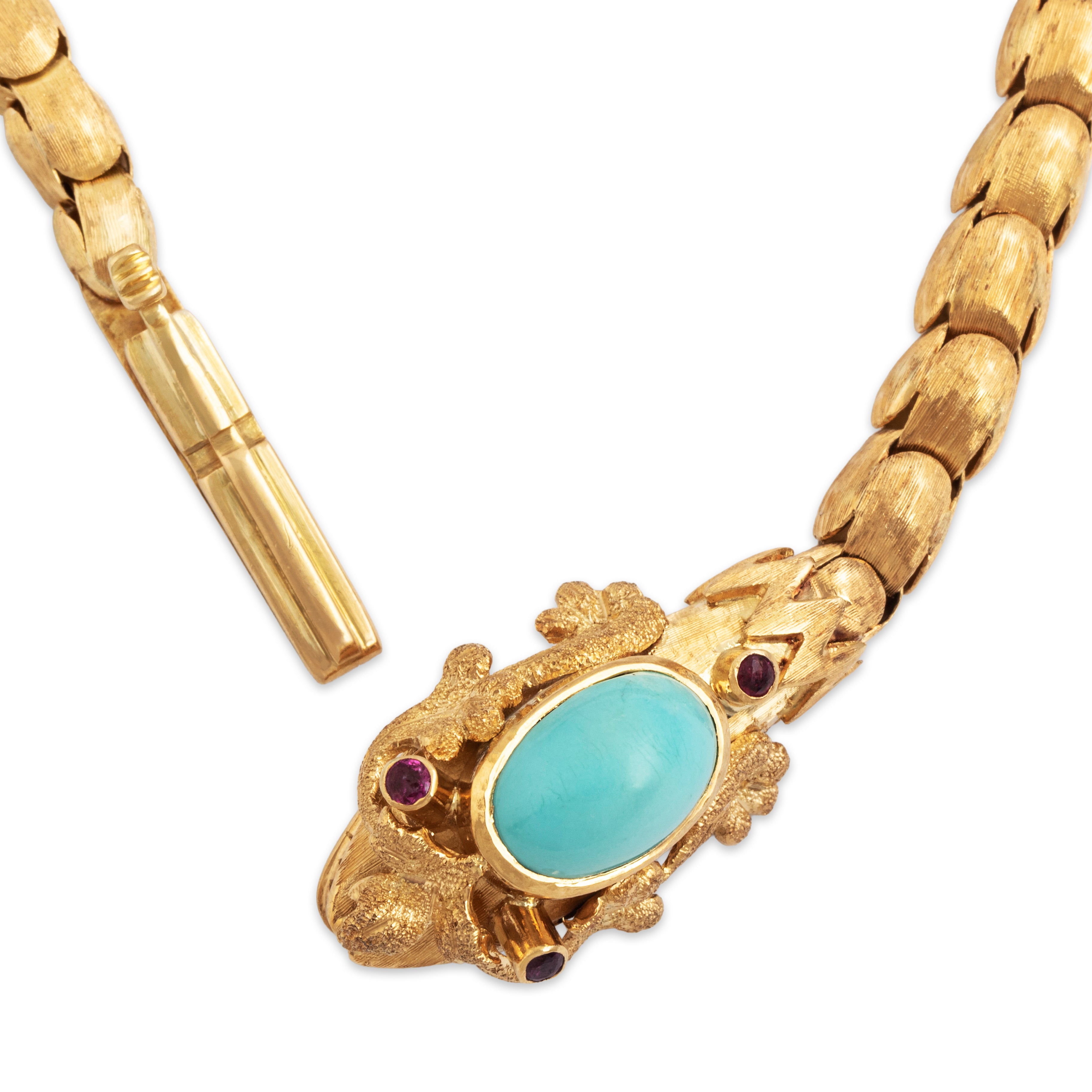 Vintage Rare Ilias Lalaounis 18k Yellow Gold Turquoise Ruby Snake Bracelet - clasp view