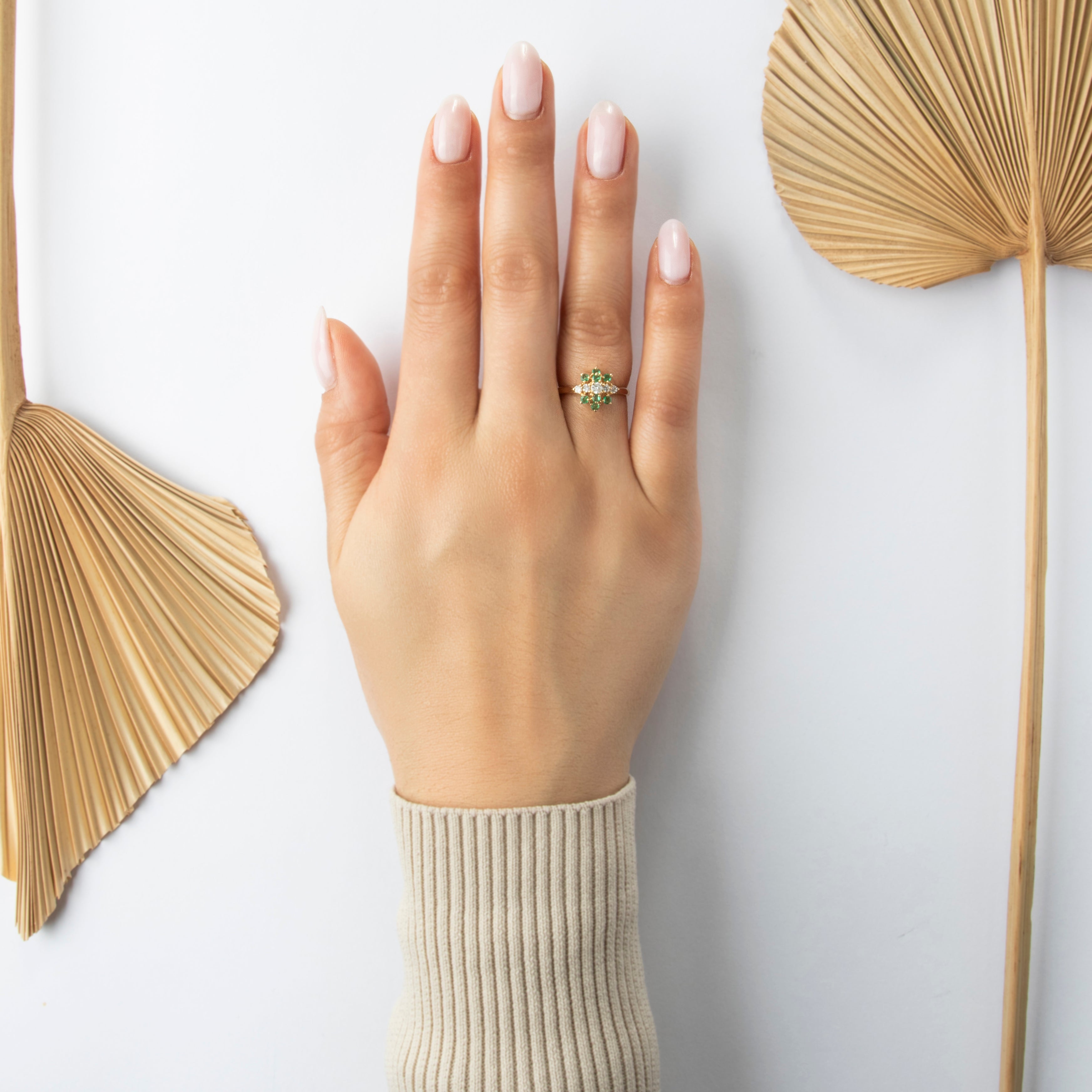 Vintage 14k Yellow Gold .214cttw Diamond Emerald Cluster Ring - On model view