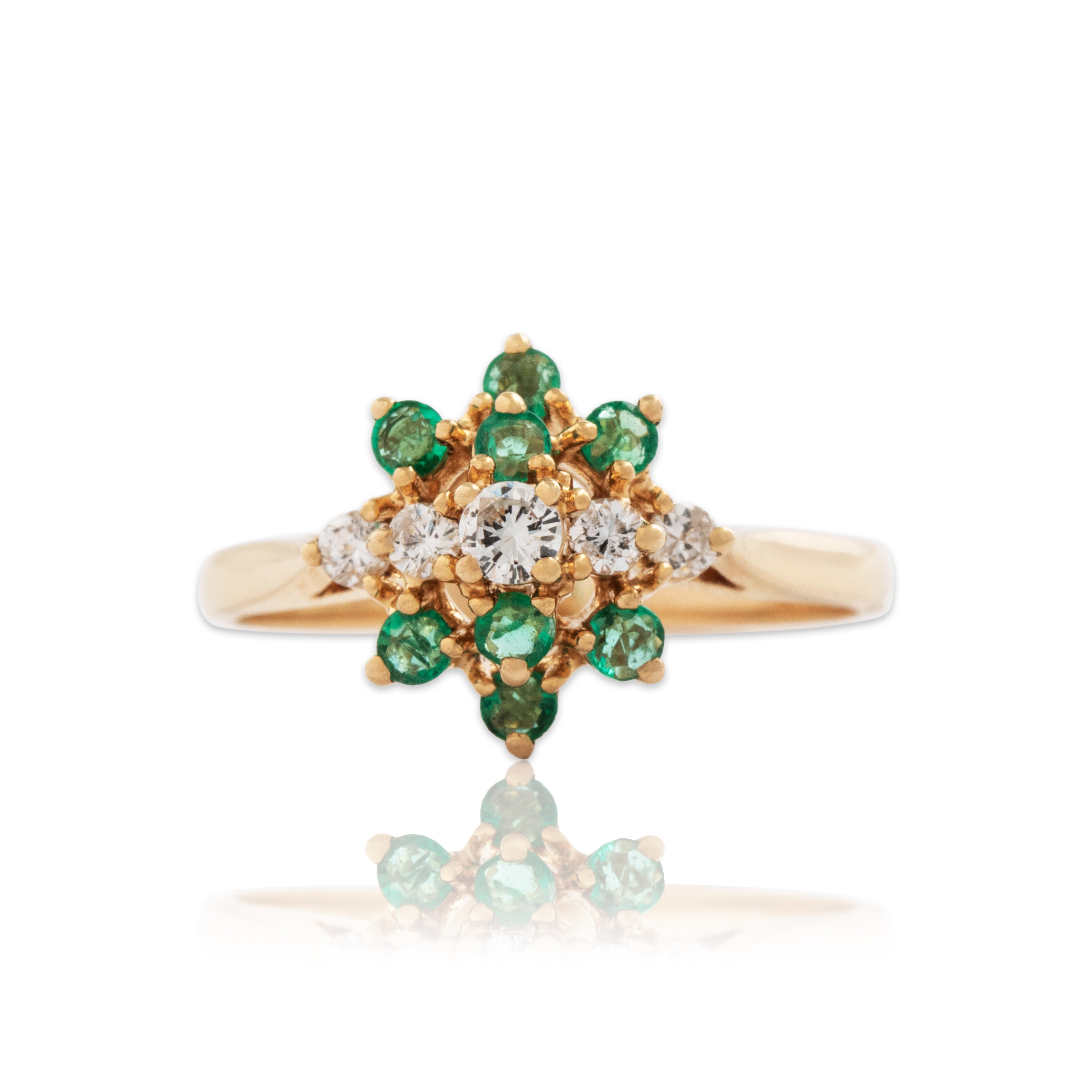 Vintage 14k Yellow Gold .214cttw Diamond Emerald Cluster Ring - Close-up view