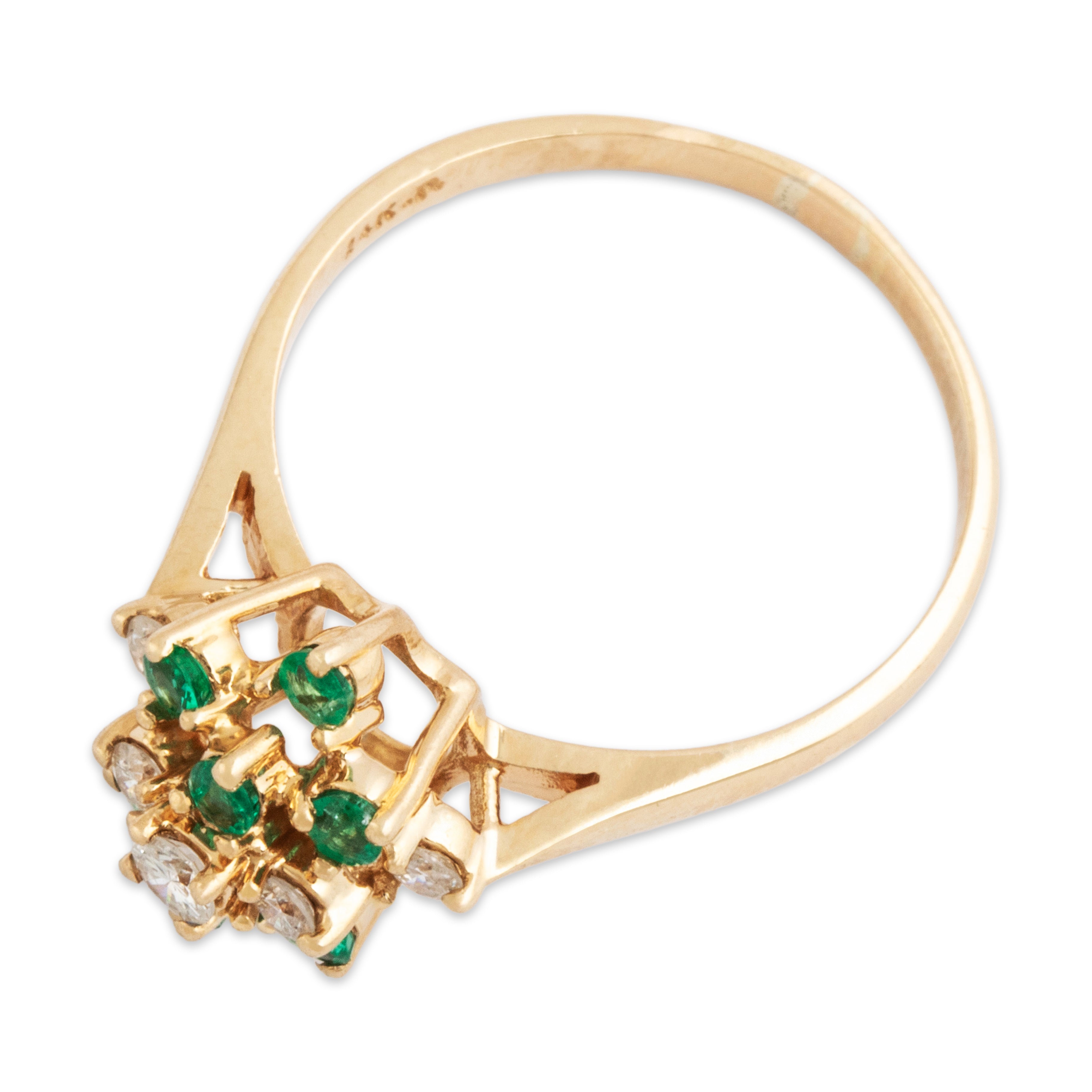 Vintage 14k Yellow Gold .214cttw Diamond Emerald Cluster Ring - Overall view