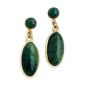 Vintage 14k Yellow Gold Chrysocolla Colorful Cabochon Dangle Earrings
