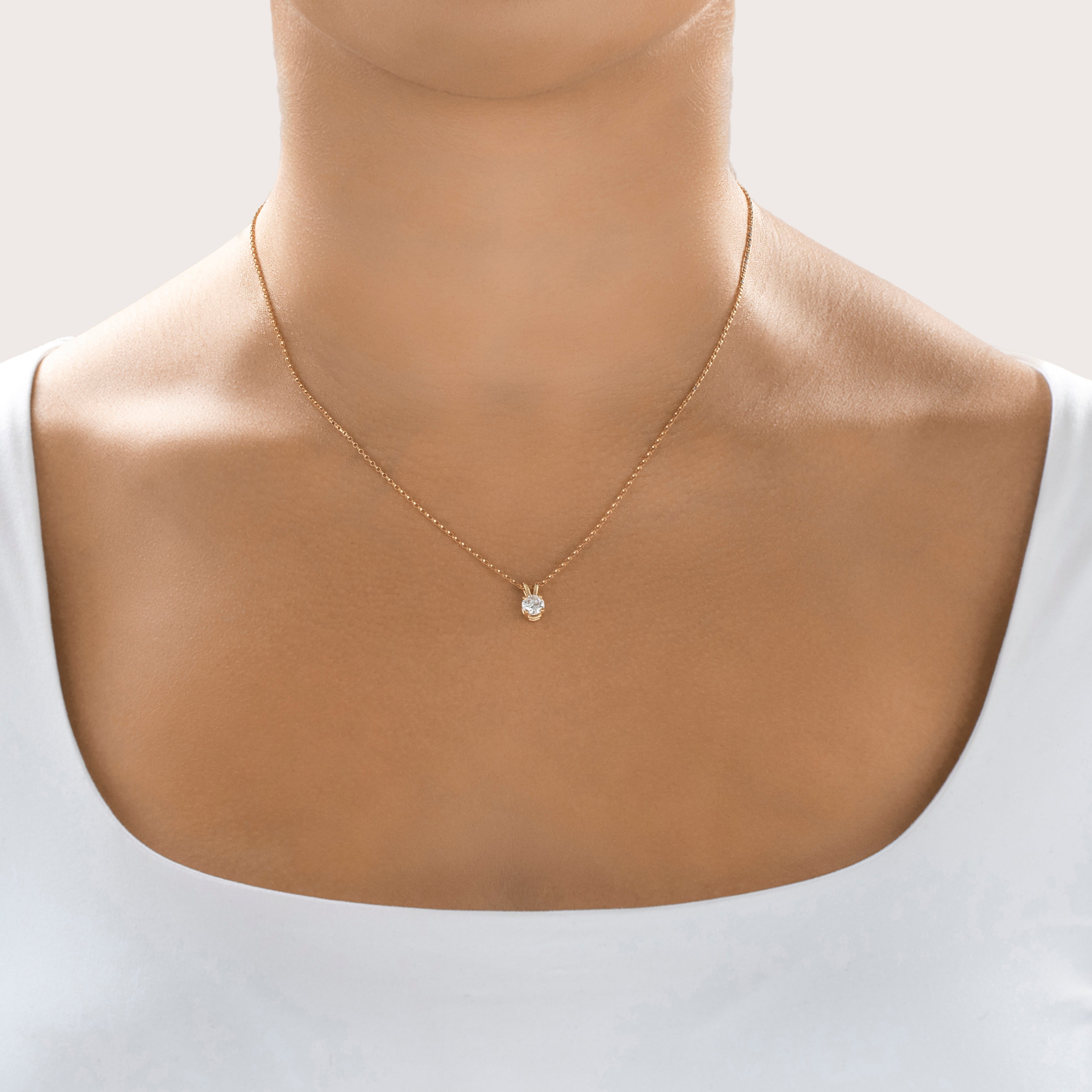 Vintage Small 14k Yellow Gold .57ct Old European Diamond Solitaire Pendant - On model view